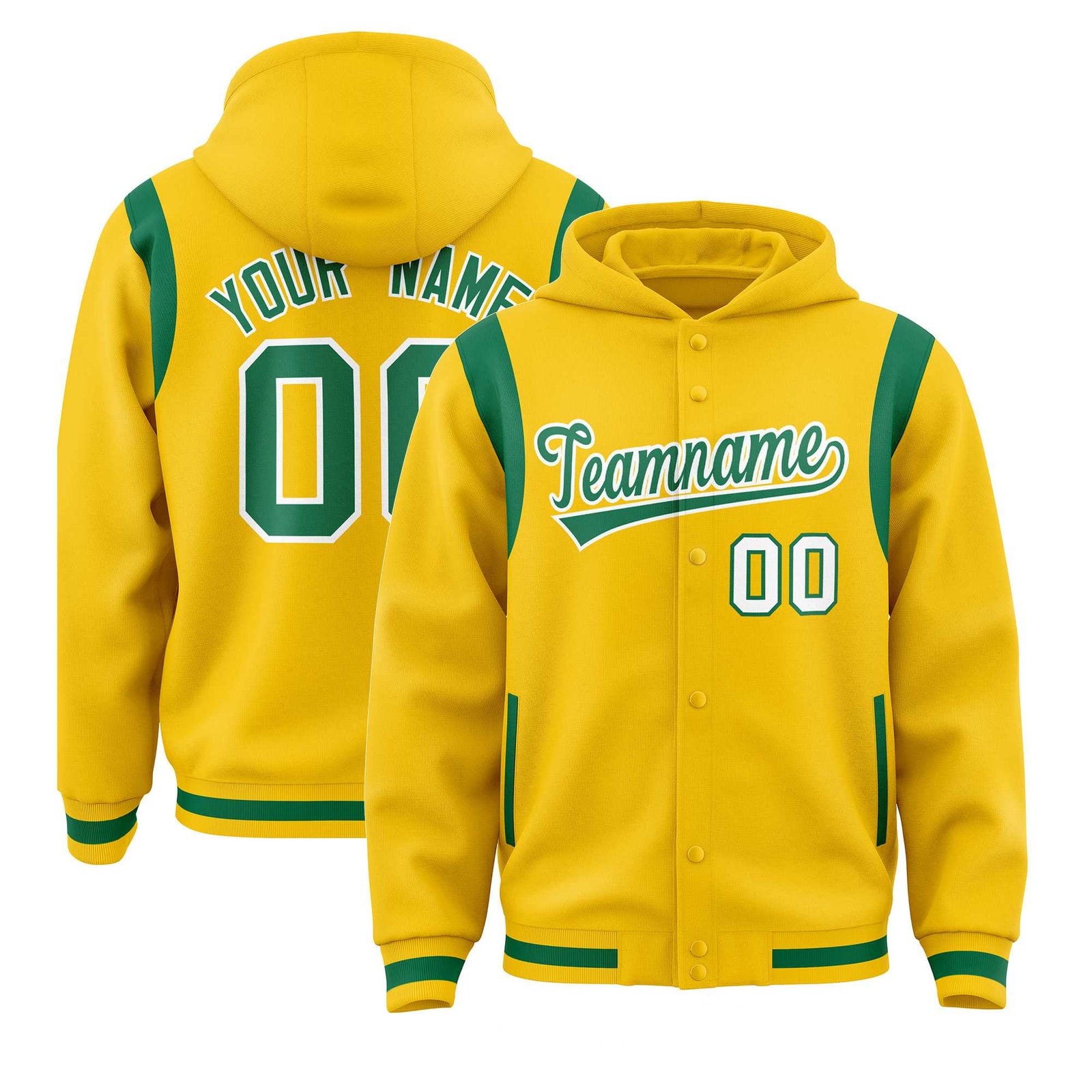 Custom Gold Kelly Green Varsity Full-Snap Letterman Shoulder Color Block Hoodie Jacket