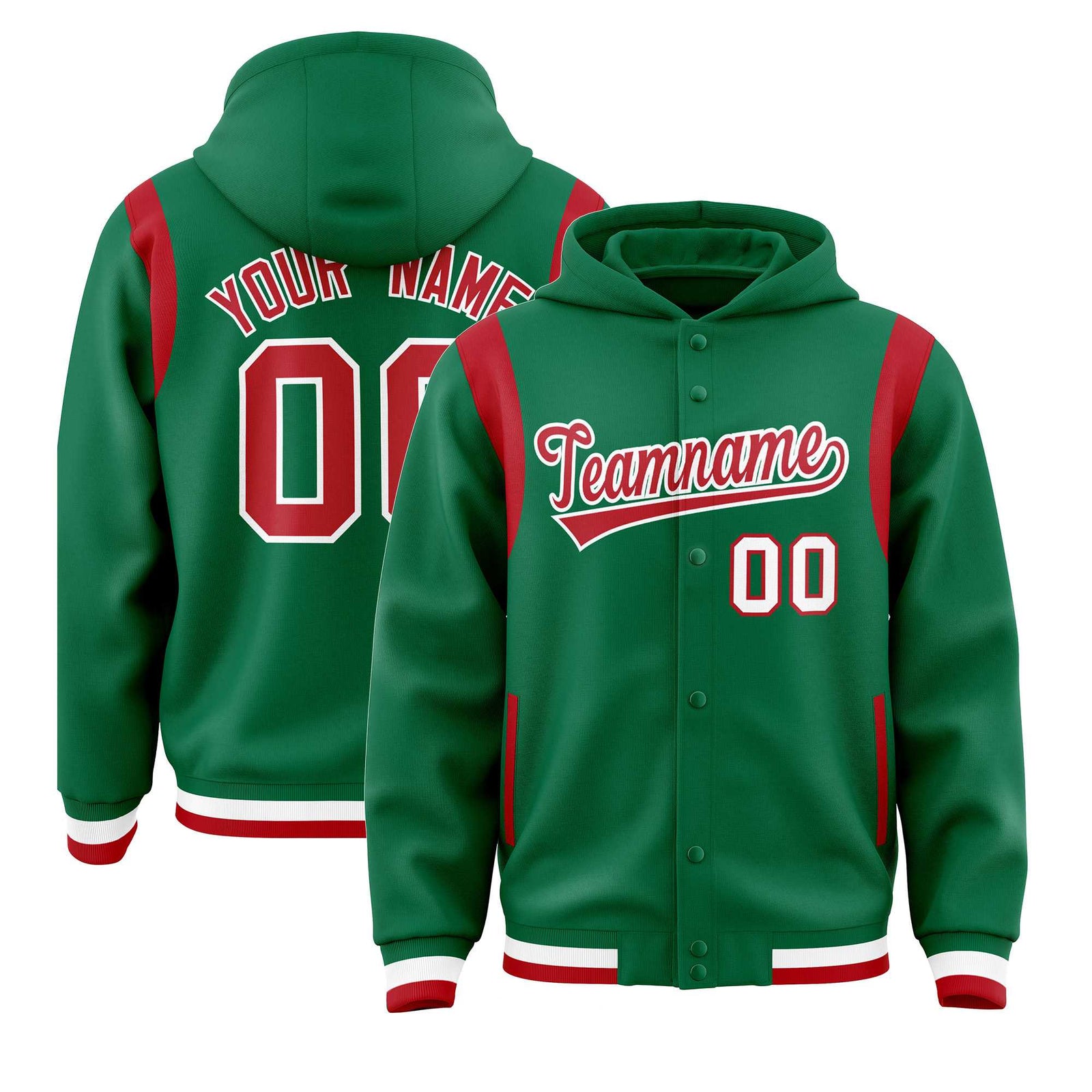 Custom Kelly Green Red Varsity Full-Snap Letterman Shoulder Color Block Jacket Hoodie