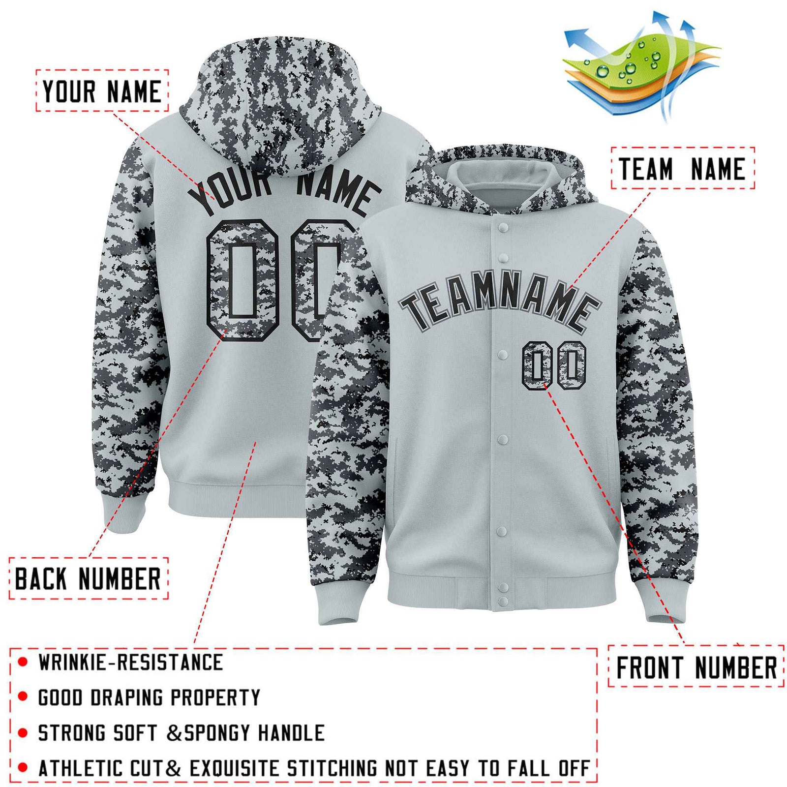 Custom Silver Gray-Black Raglan Sleeves Varsity Full-Snap Letterman Camo Hoodie Jacket