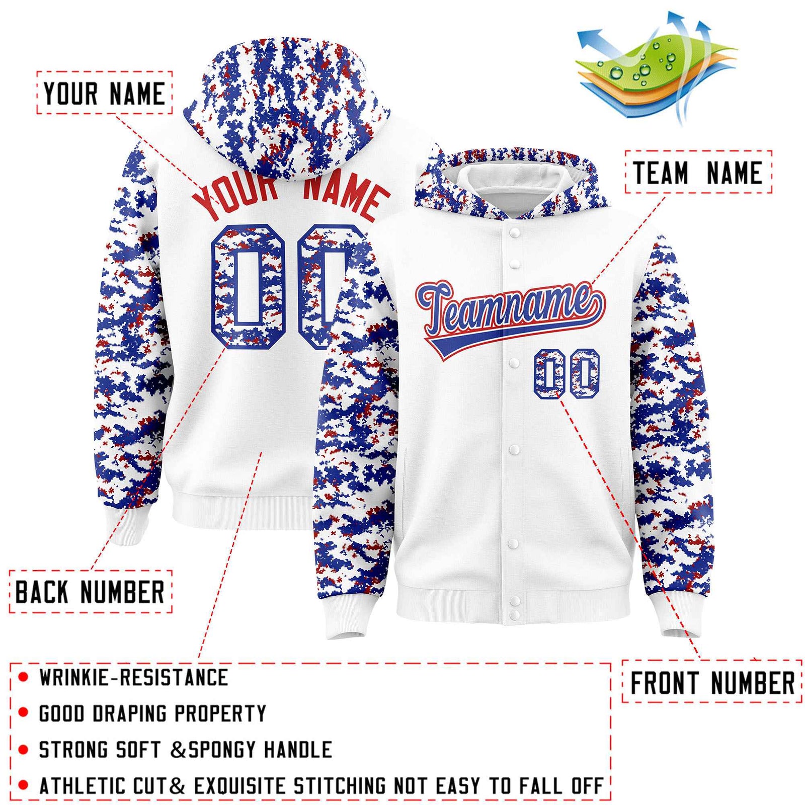 Custom White Royal-Red Raglan Sleeves Varsity Full-Snap Letterman Camo Hoodie Jacket