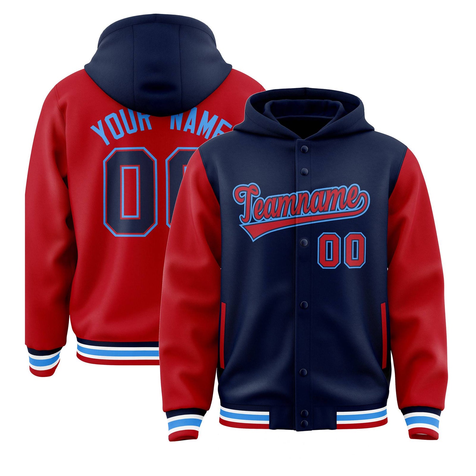 Custom Navy Red Raglan Sleeves Varsity Full-Snap Letterman Two Tone Jacket Hoodie