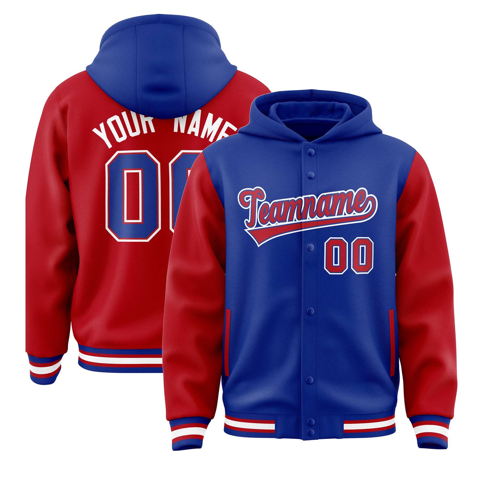 Custom Royal Red Raglan Sleeves Varsity Full-Snap Letterman Two Tone Jacket Hoodie