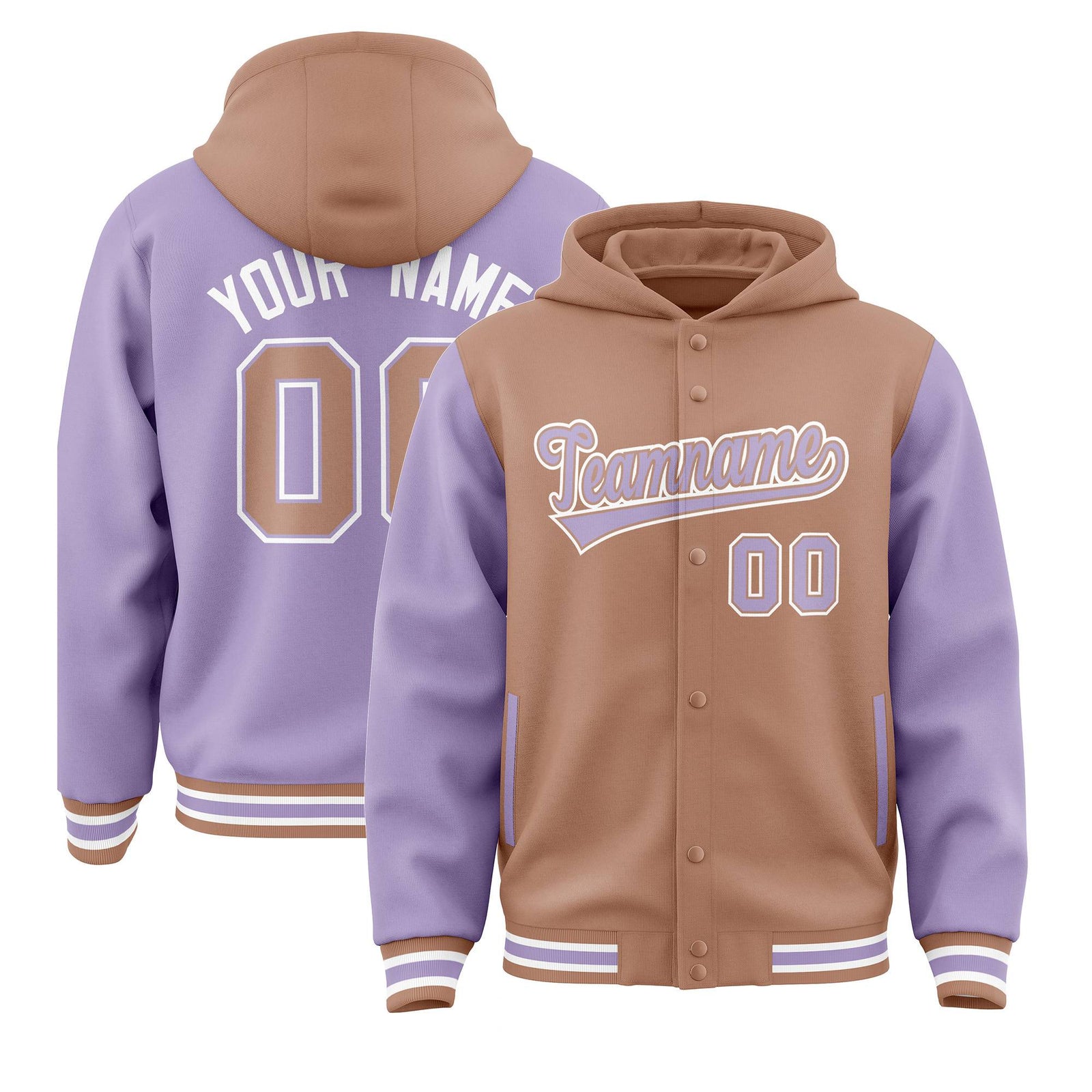 Custom Light Brown Light Purple Raglan Sleeves Varsity Full-Snap Letterman Two Tone Jacket Hoodie