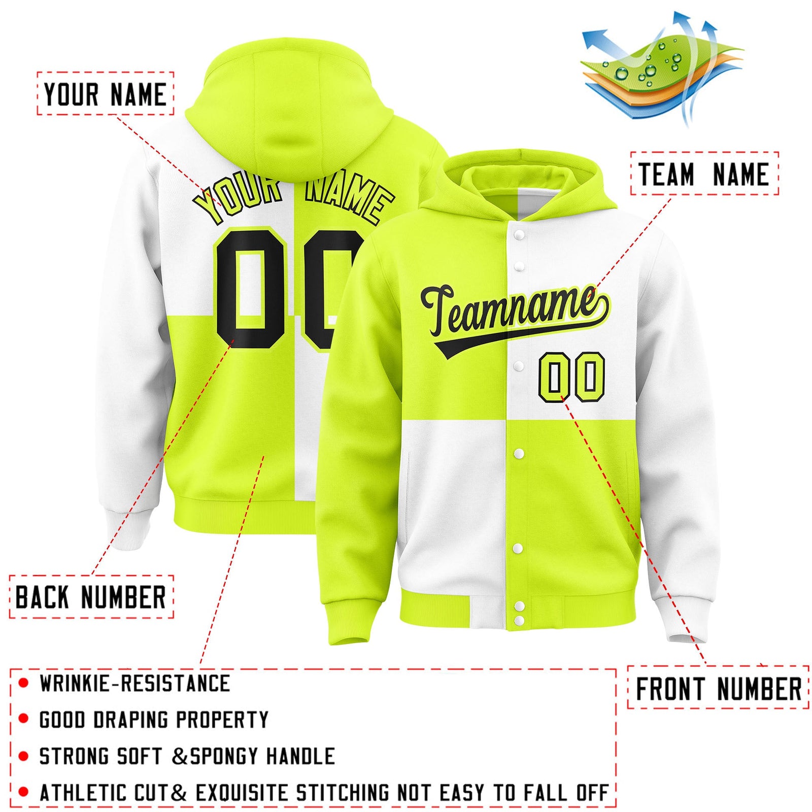 Custom Green White Varsity Full-Snap Four Squares Color Block Letterman Hoodie Jacket