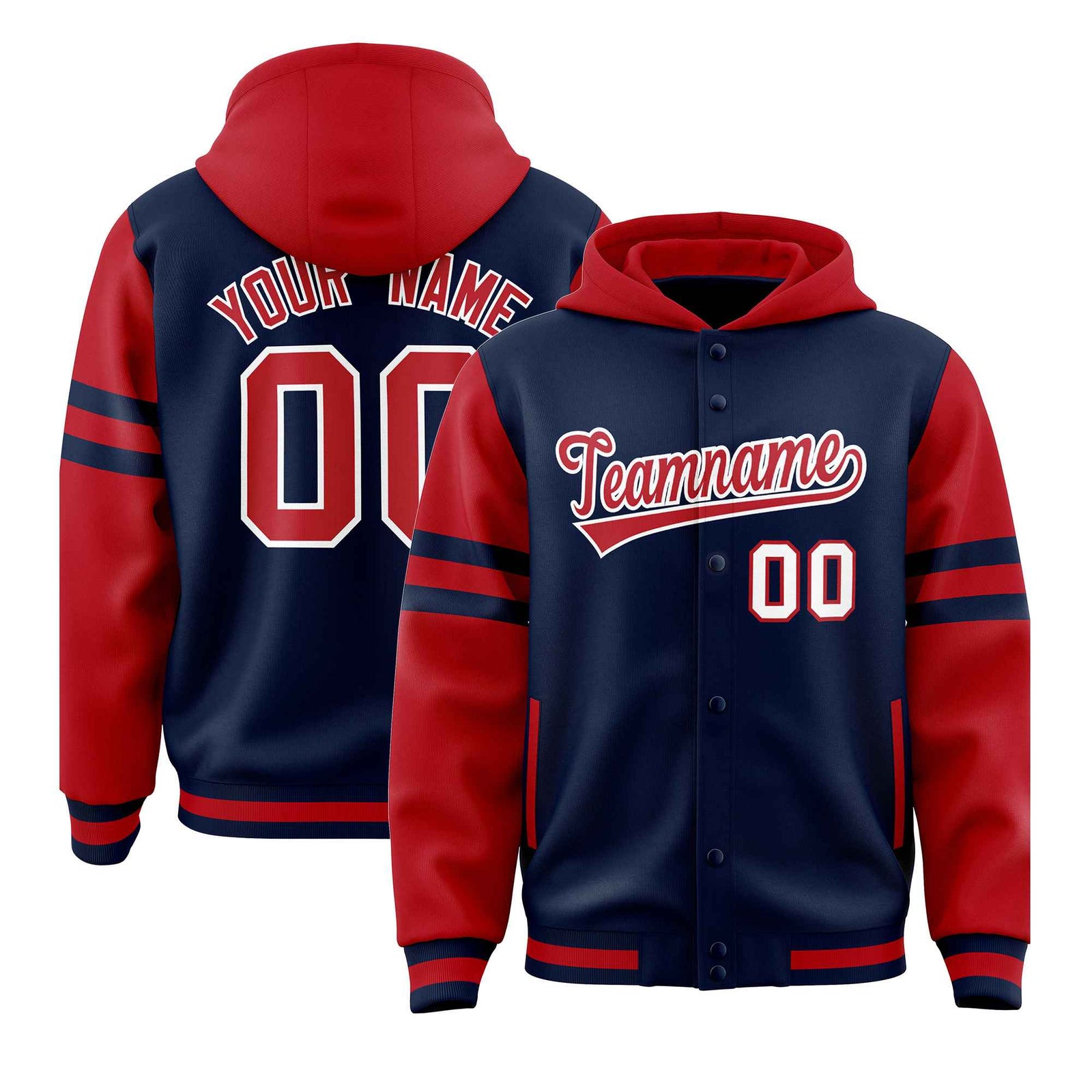 Custom Navy Red Raglan Sleeves Varsity Full-Snap Letterman Three Stripes Jacket Hoodie