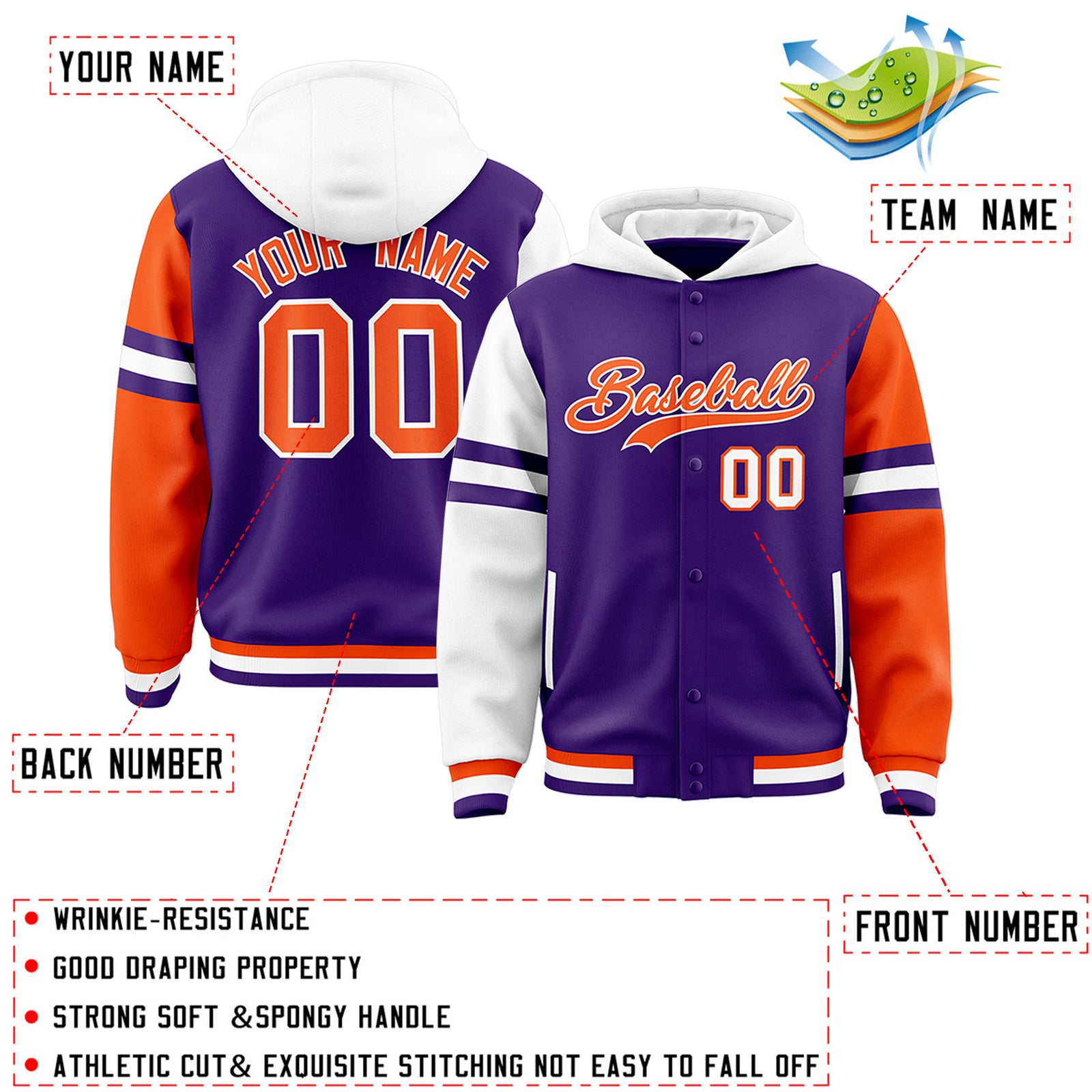 Custom Purple White-Orange Raglan Sleeves Varsity Full-Snap Letterman Three Stripes Jacket Hoodie