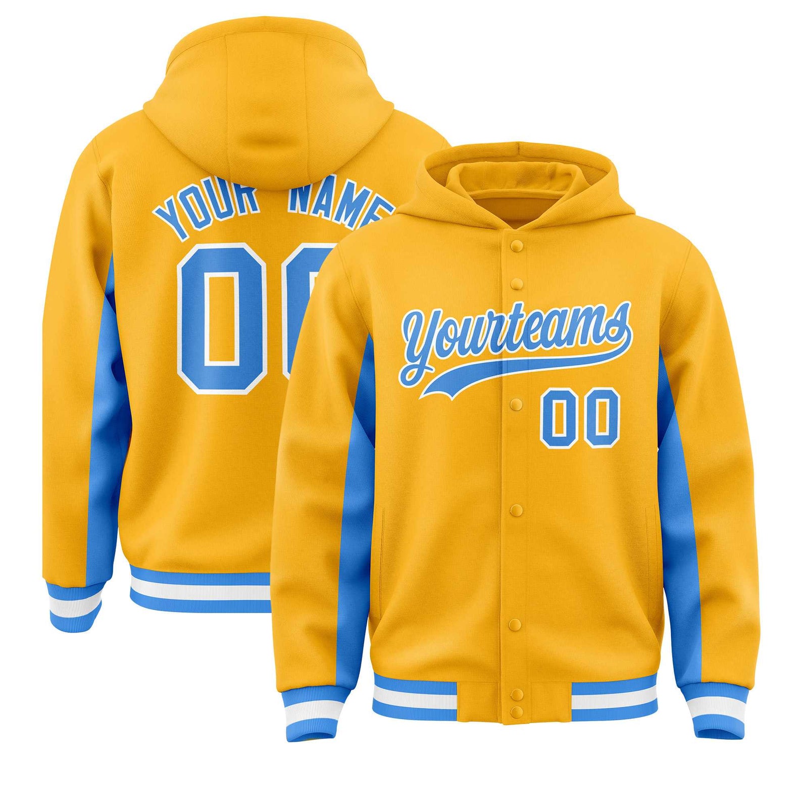 Custom Gold Powder Blue Color Block Varsity Full-Snap Letterman Hoodie Jacket