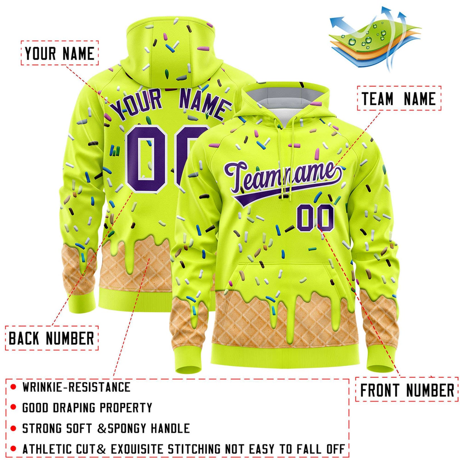 Custom Fluorescent Green Graffiti Pattern Fashion Hoodie Athletic Pullover Sweatshirt