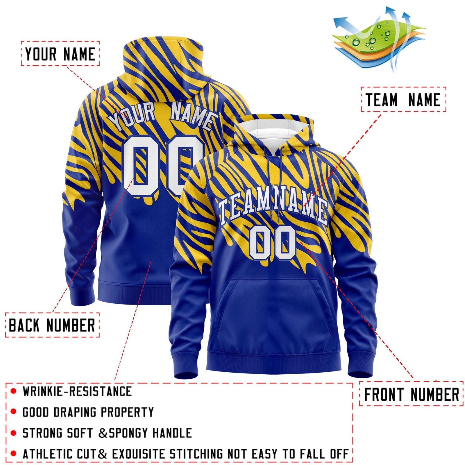Custom Gold Royal Blue Leopard Print Pullover Sweatshirt Hoodie| KXKSHOP