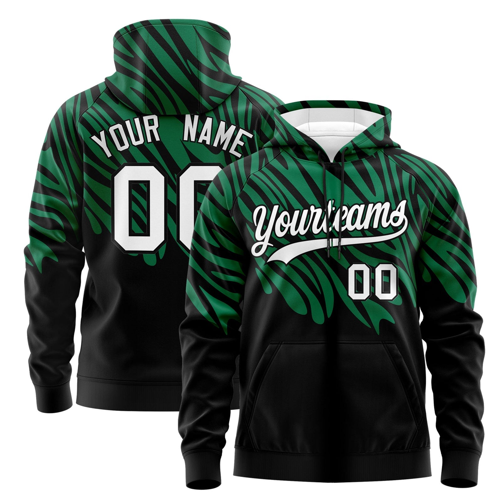 Custom Kelly Green Black White Leopard Print Pullover Sweatshirt Hoodie| KXKSHOP