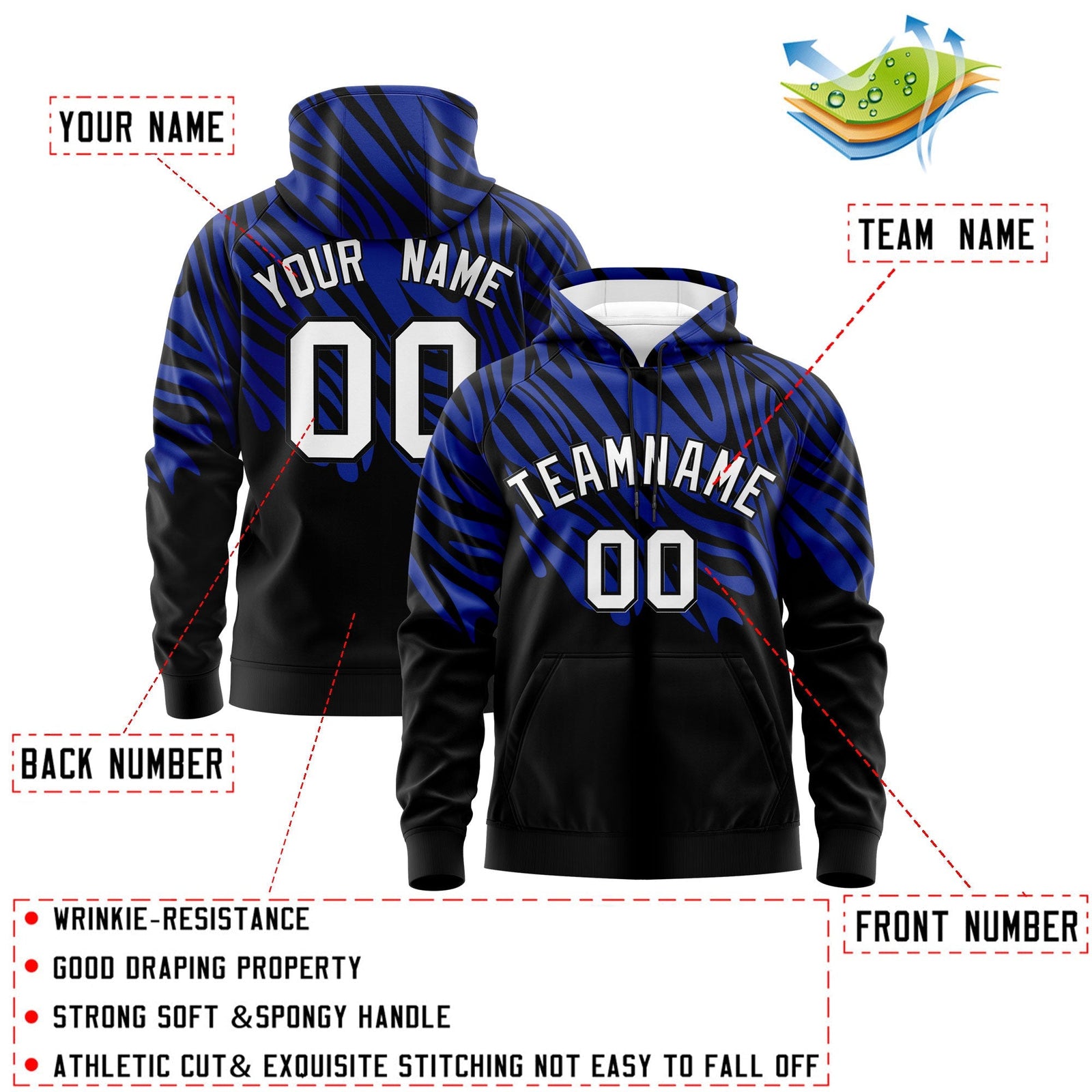 Custom Royal Blue Black Leopard Print Pullover Sweatshirt Hoodie| KXKSHOP