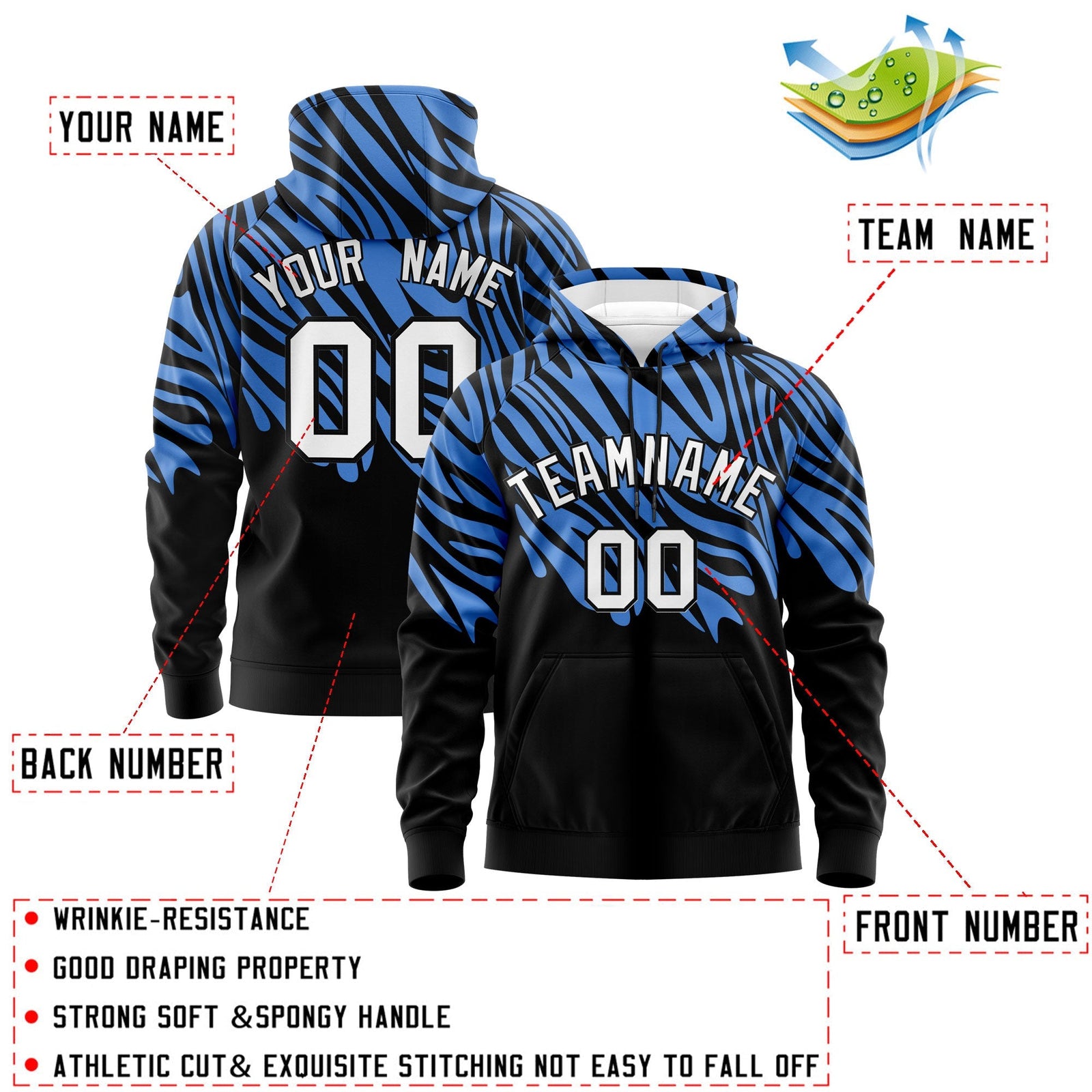 Custom Powder Blue Black Leopard Print Pullover Sweatshirt Hoodie| KXKSHOP