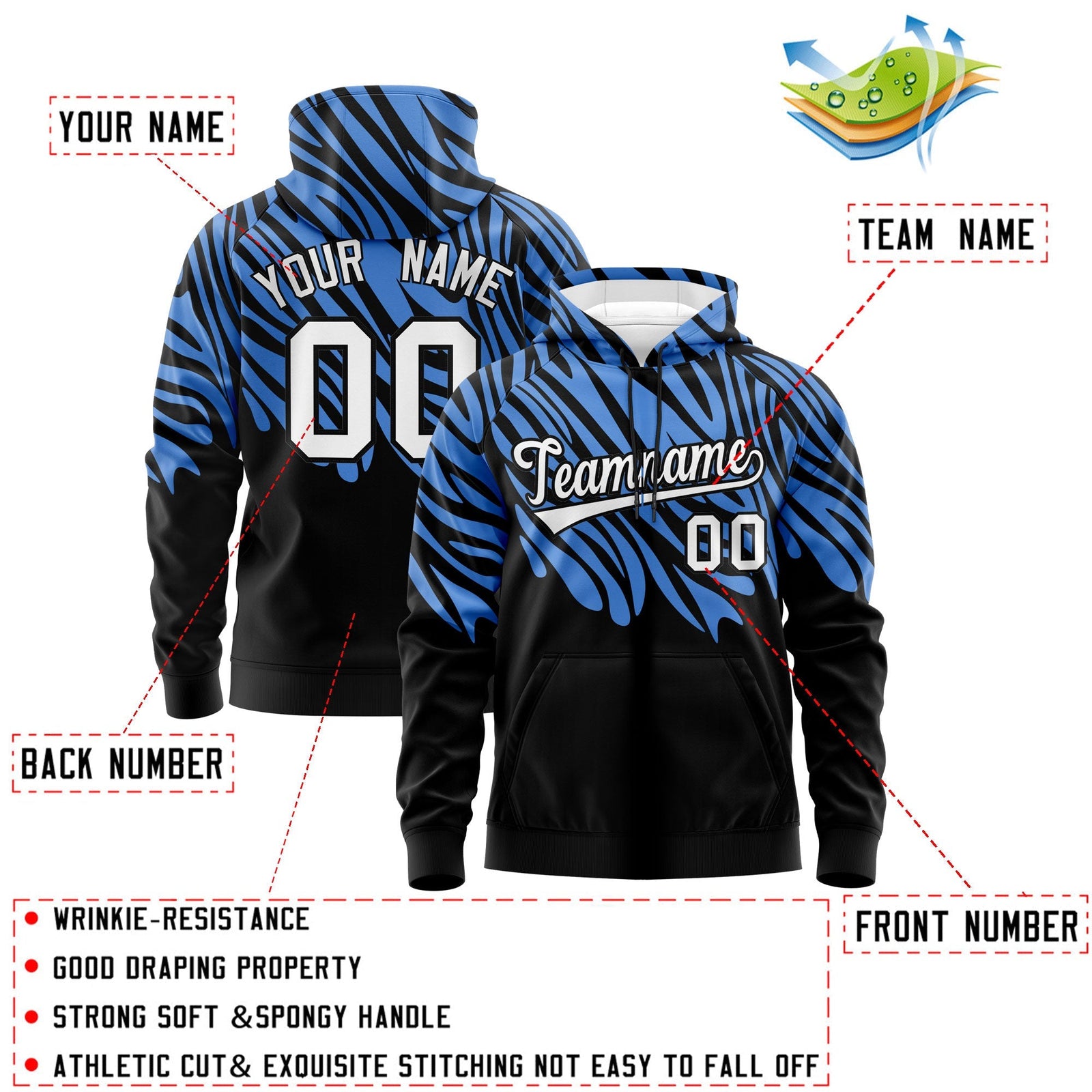 Custom Powder Blue Black Leopard Print Pullover Sweatshirt Hoodie| KXKSHOP