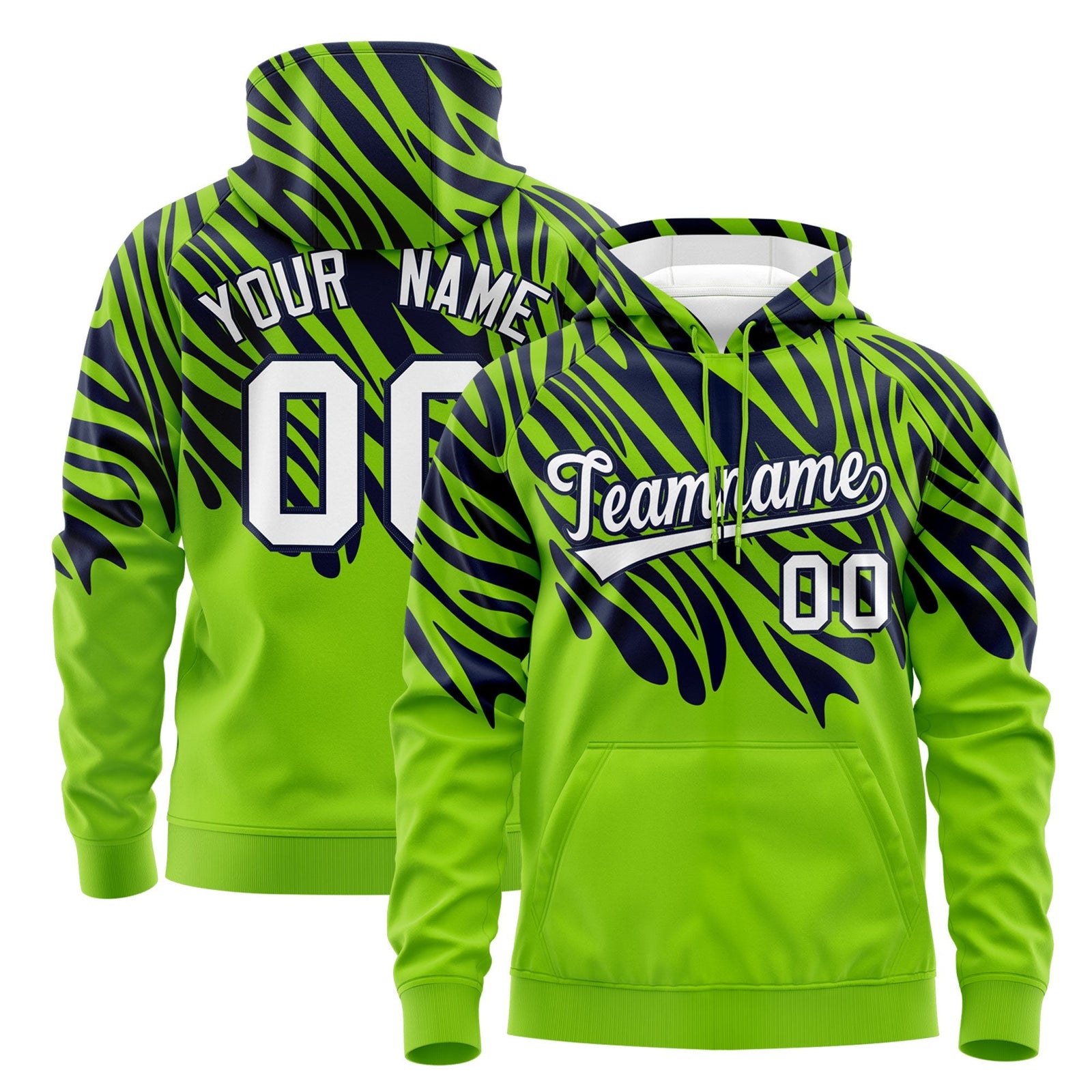 Custom Navy Neon Green Leopard Print Pullover Sweatshirt Hoodie| KXKSHOP