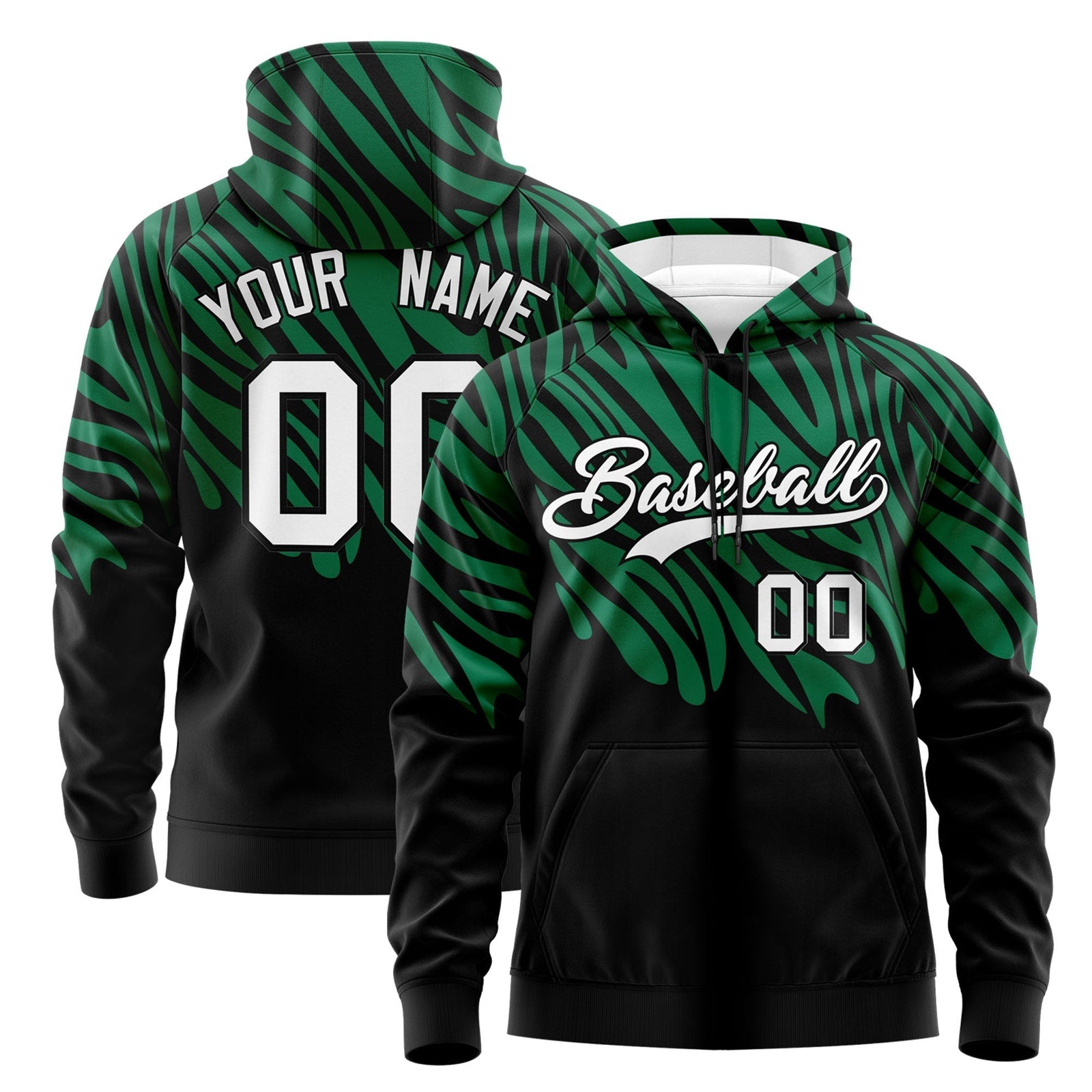 Custom Kelly Green Black White Leopard Print Pullover Sweatshirt Hoodie| KXKSHOP