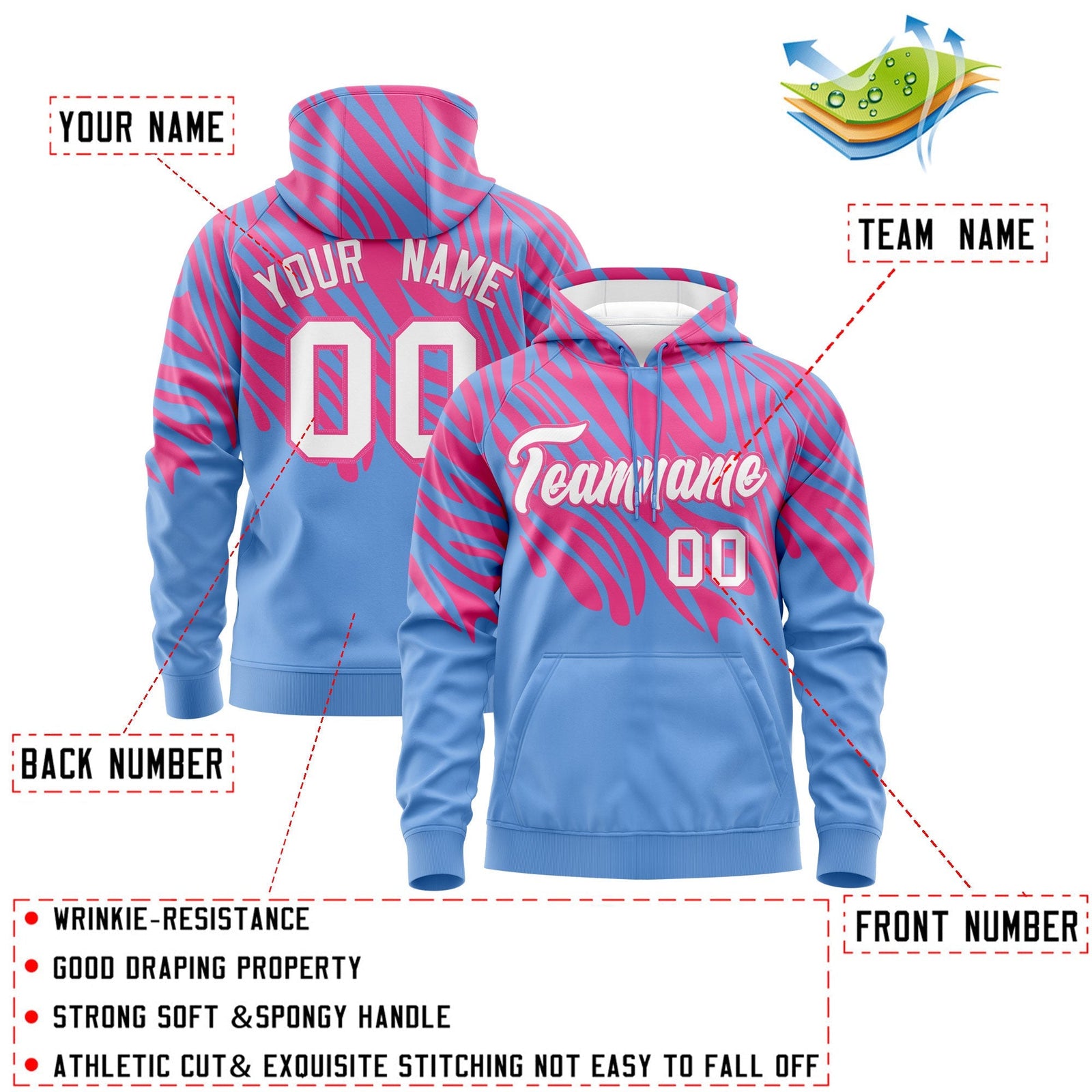 Custom Pink Light Blue Leopard Print Pullover Sweatshirt Hoodie| KXKSHOP