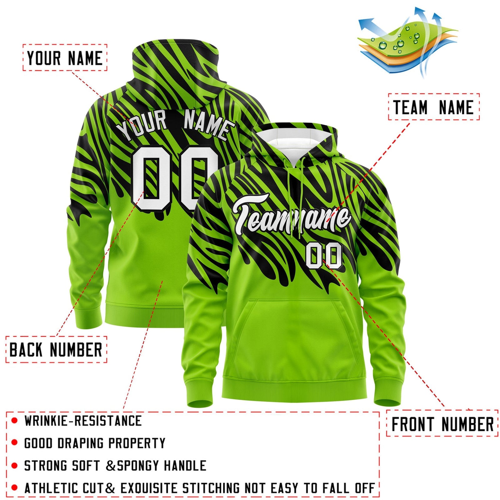 Custom Neon Green Black Leopard Print Pullover Sweatshirt Hoodie| KXKSHOP