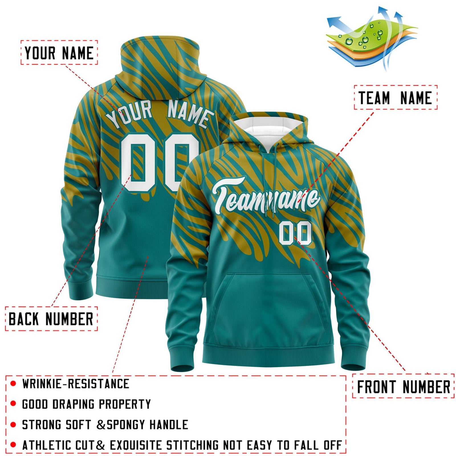 Custom Teal Old Gold Leopard Print Pullover Sweatshirt Hoodie| KXKSHOP