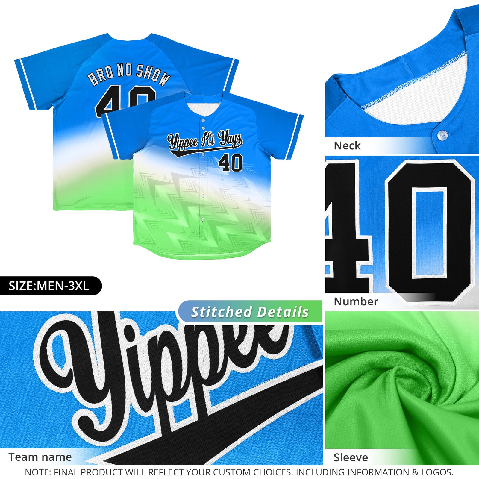 Custom Light Blue Green-White Gradient Fashion Authentic Baseball Jersey