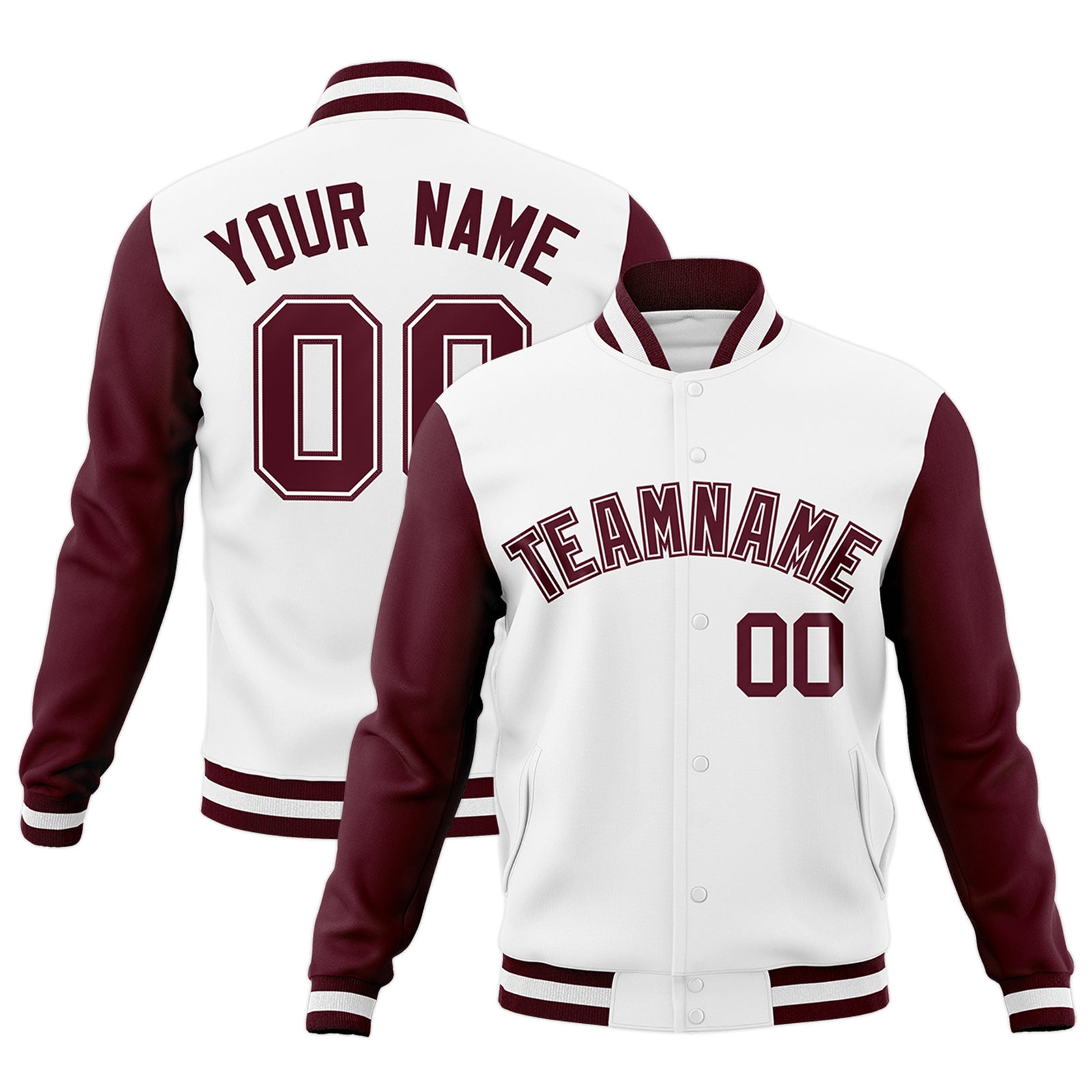Custom White Crimson-White Raglan Sleeves Varsity Full-Snap Letterman Jacket
