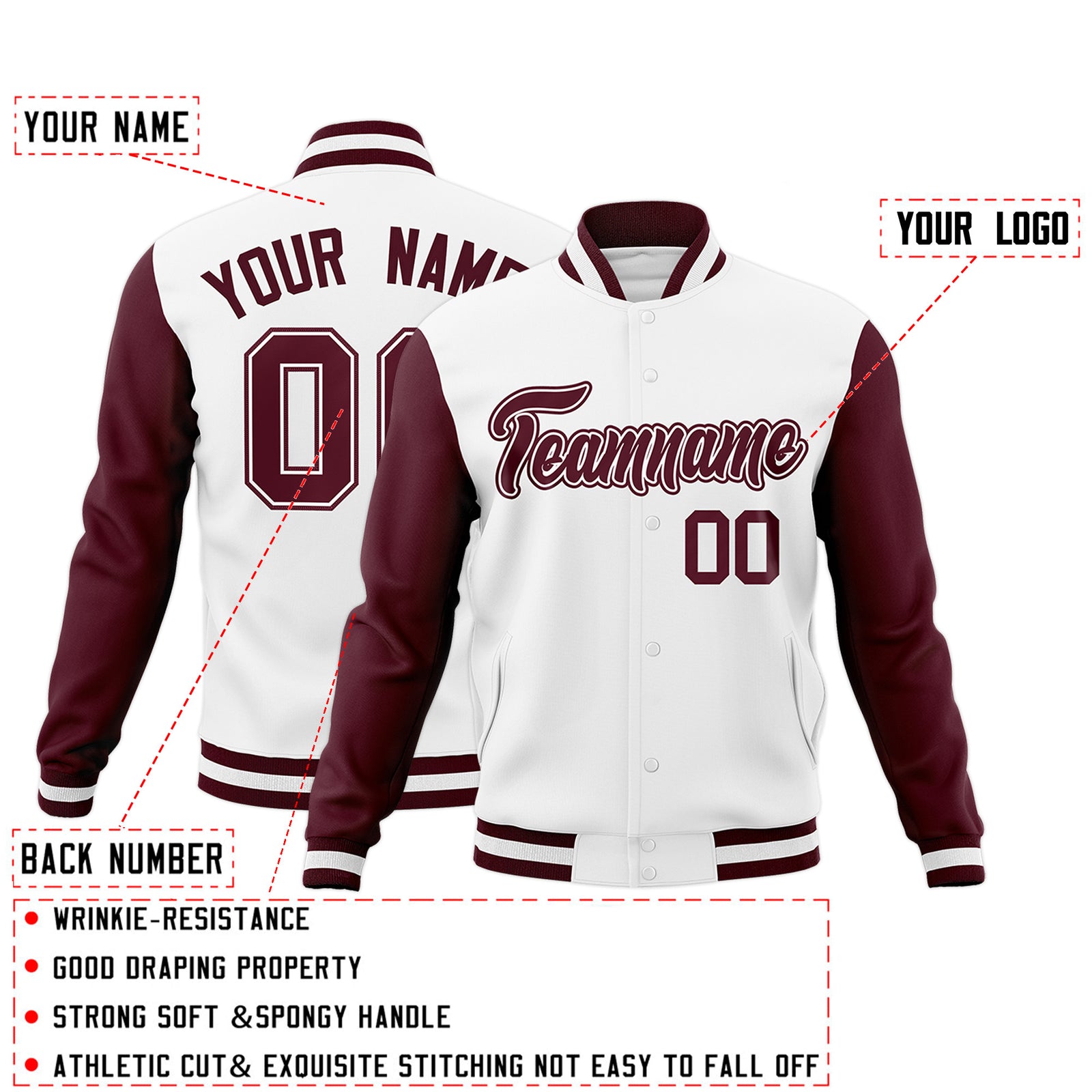 Custom White Crimson-White Raglan Sleeves Varsity Full-Snap Letterman Jacket