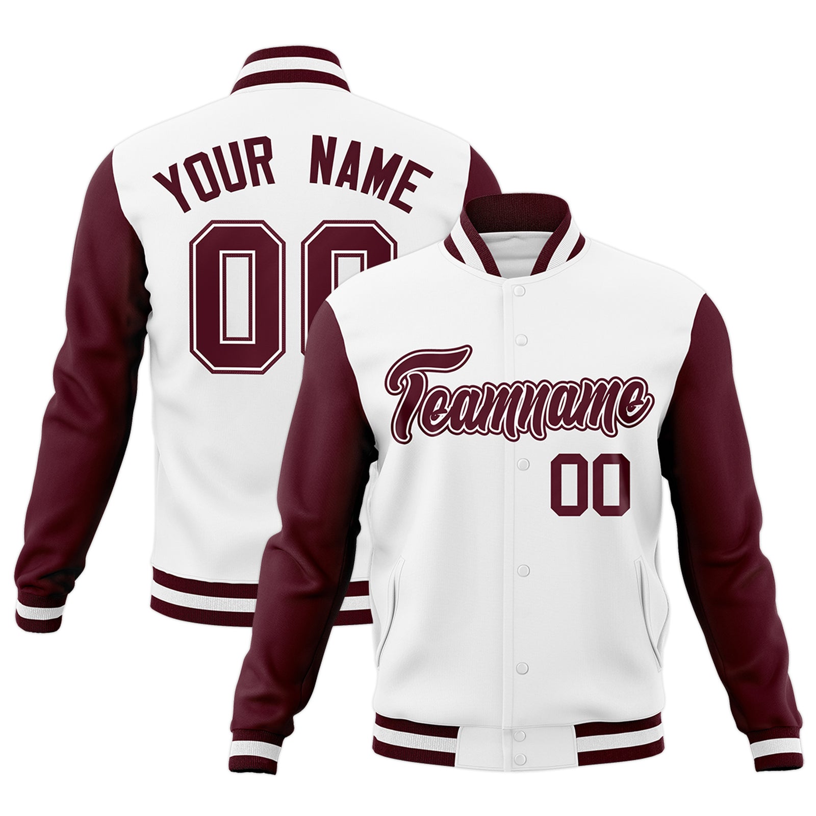 Custom White Crimson-White Raglan Sleeves Varsity Full-Snap Letterman Jacket