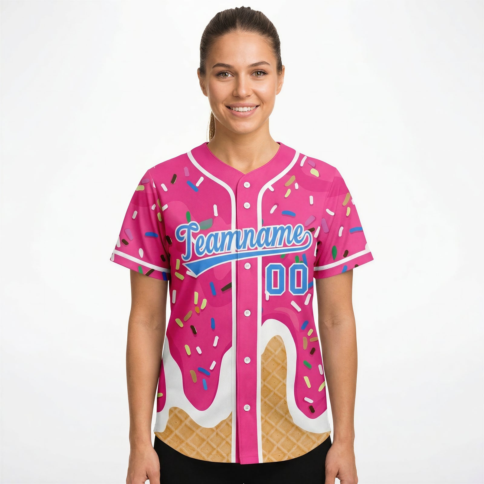 Custom Pink Ice Cream Cone Graffiti Pattern Fashion Authentic Baseball Jersey For Women | KXKSHOP