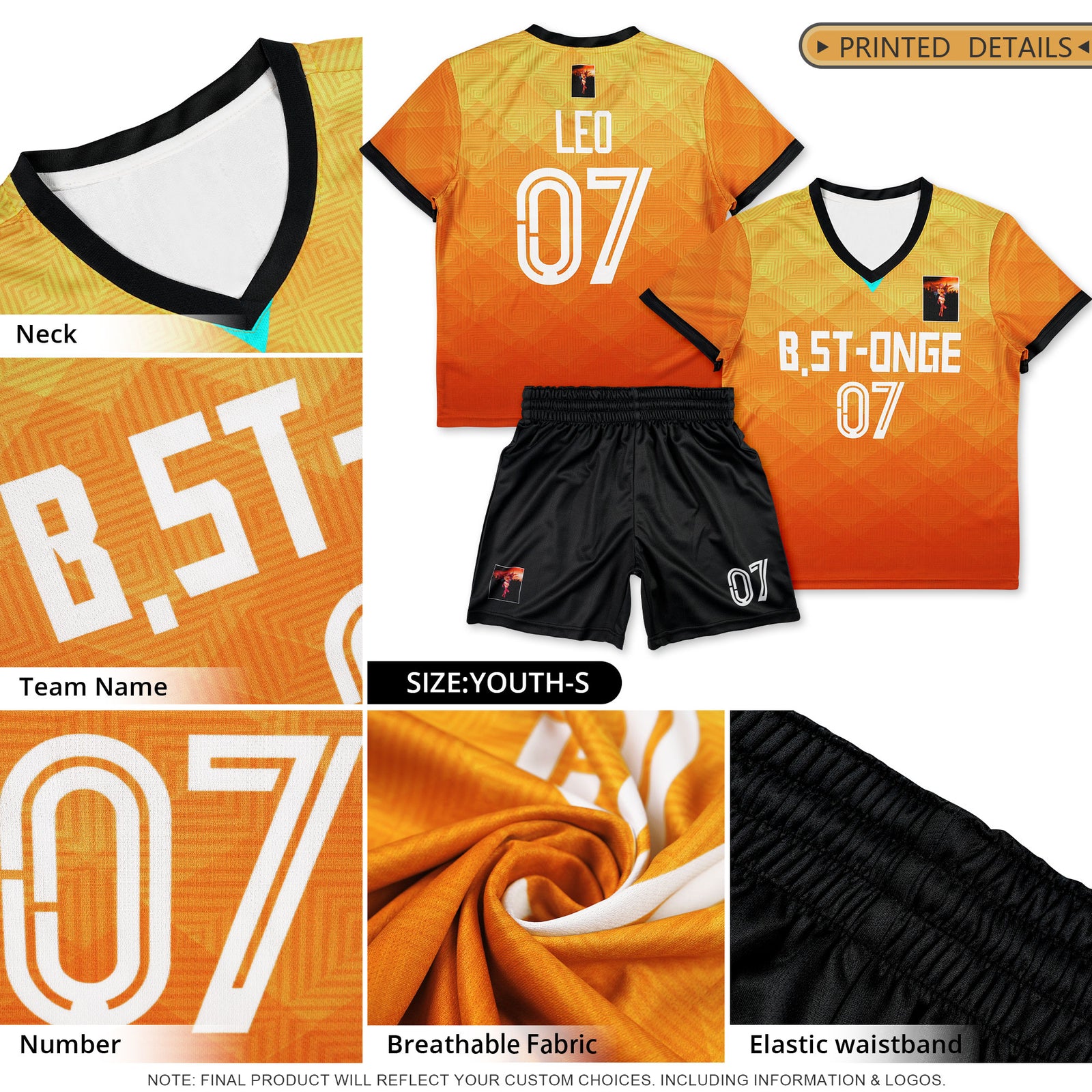 Custom Orange Yellow Soft Soccer Sets Jersey