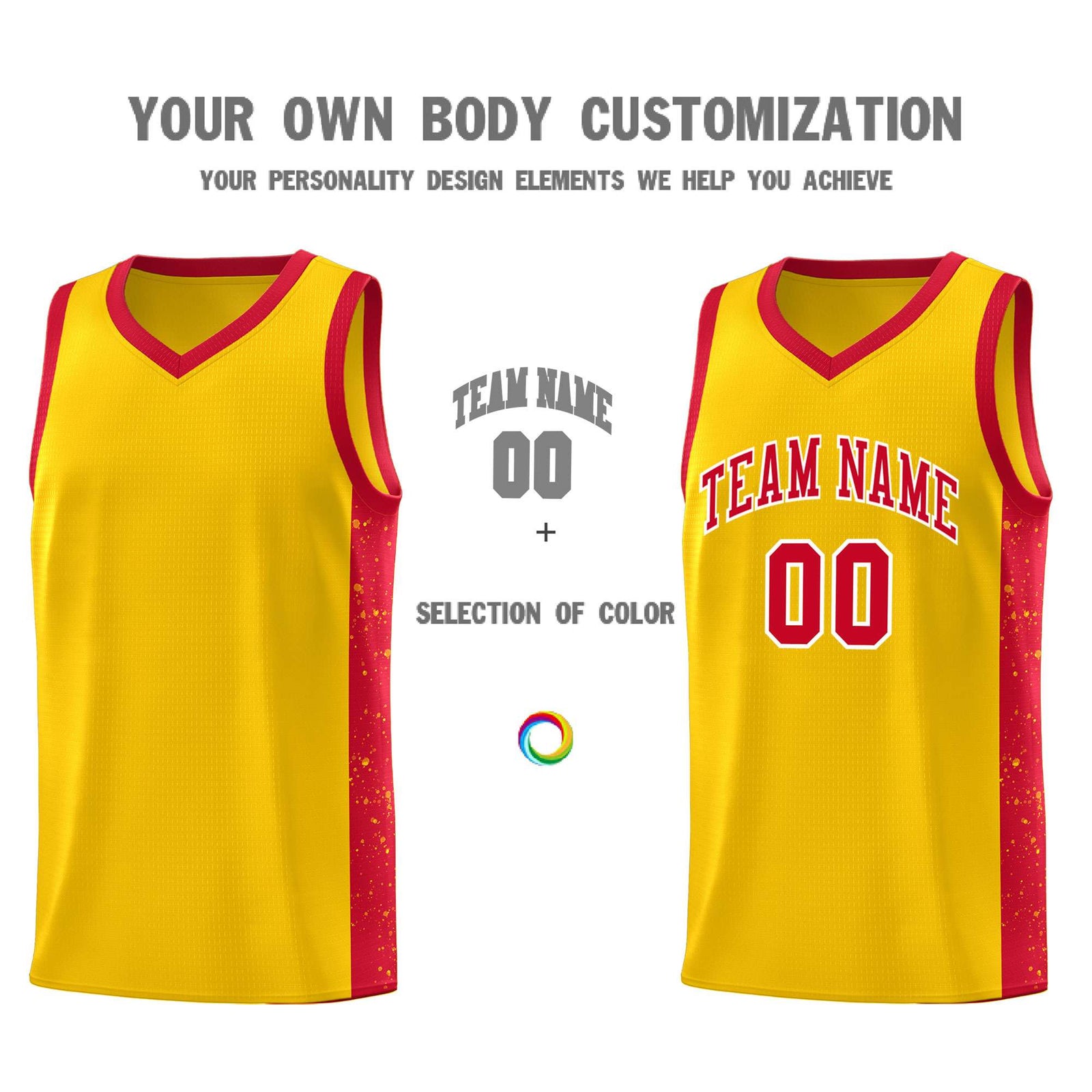 Custom Gold Red-White Side Splash Sports Uniform Basketball Jersey