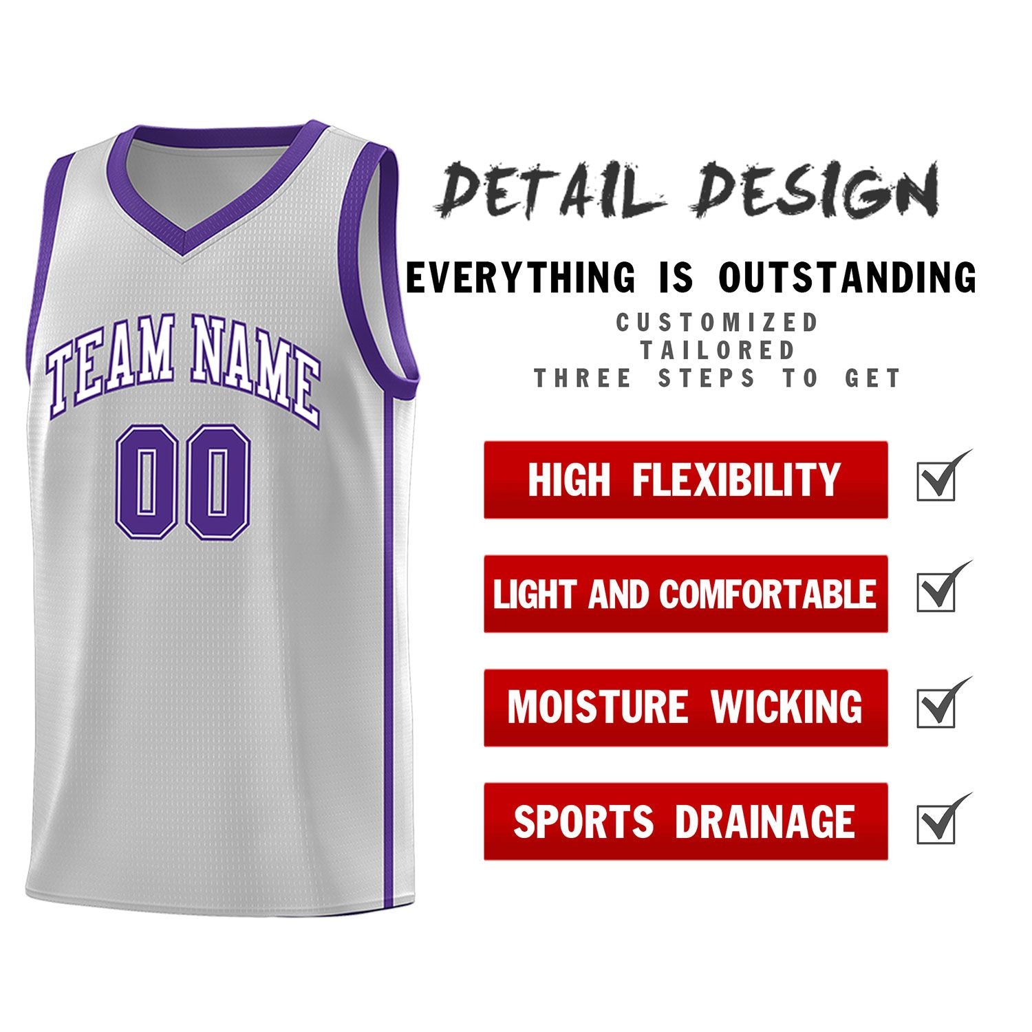 Custom Gray White-Purple Side Two Bars Sports Uniform Basketball Jersey