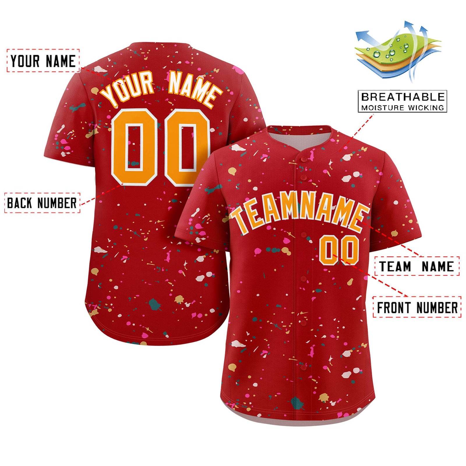 Custom Red Yellow-White Splash Graffiti Pattern Authentic Baseball Jersey