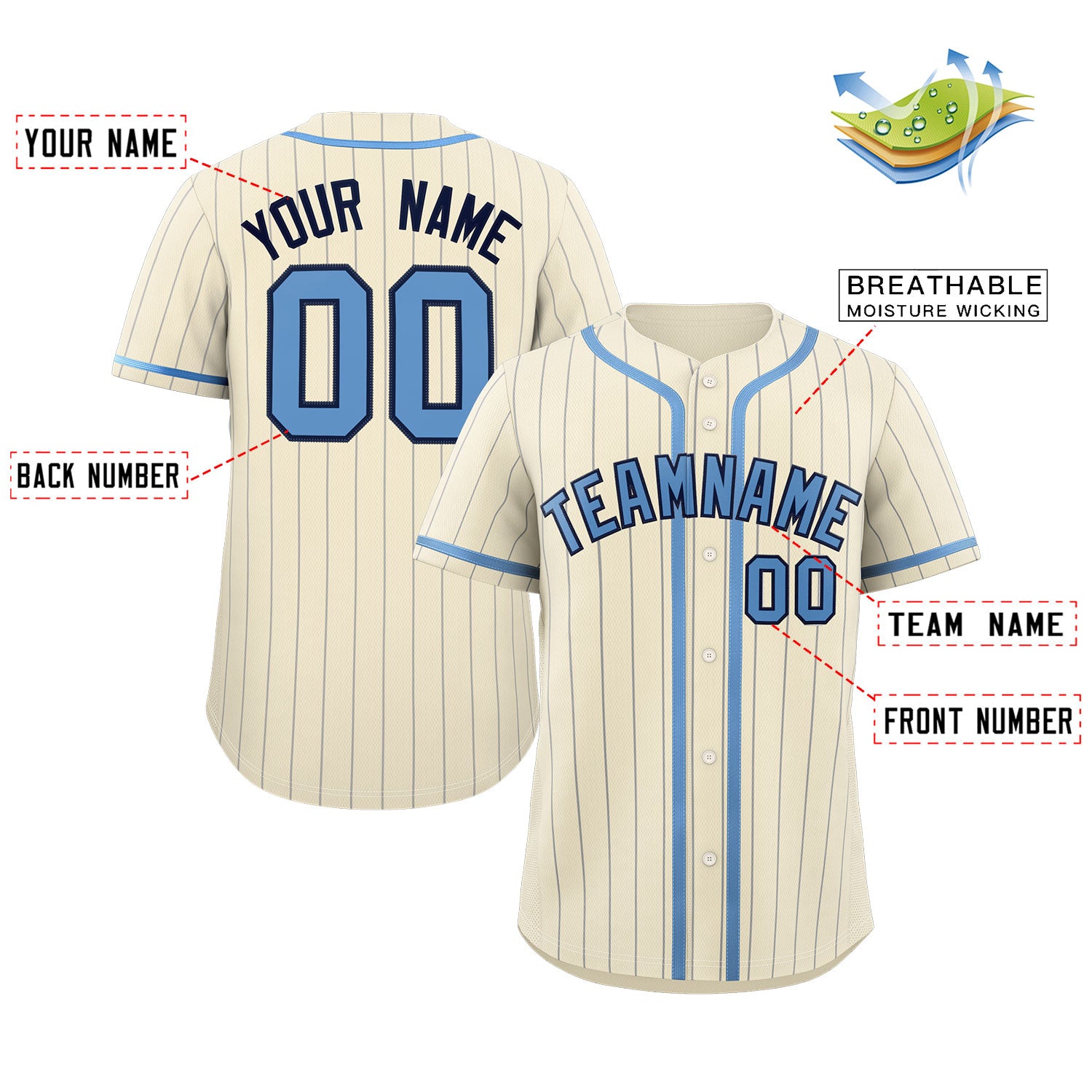 Custom Cream Light Blue-Light Gray Stripe Fashion Design Full Button Authentic Baseball Jersey