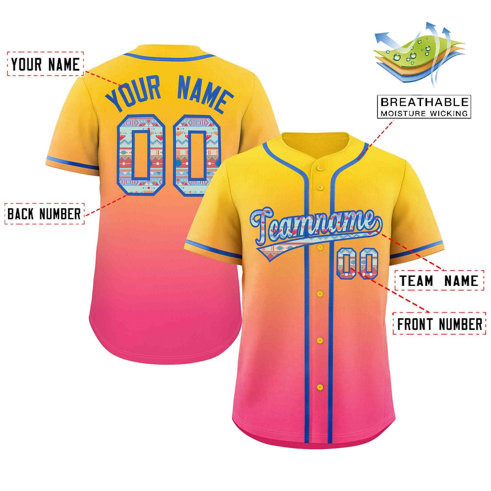 Custom Gradient Fashion Baseball Jersey Personalized Ethnic Pattern Name Number for Men Women Youth