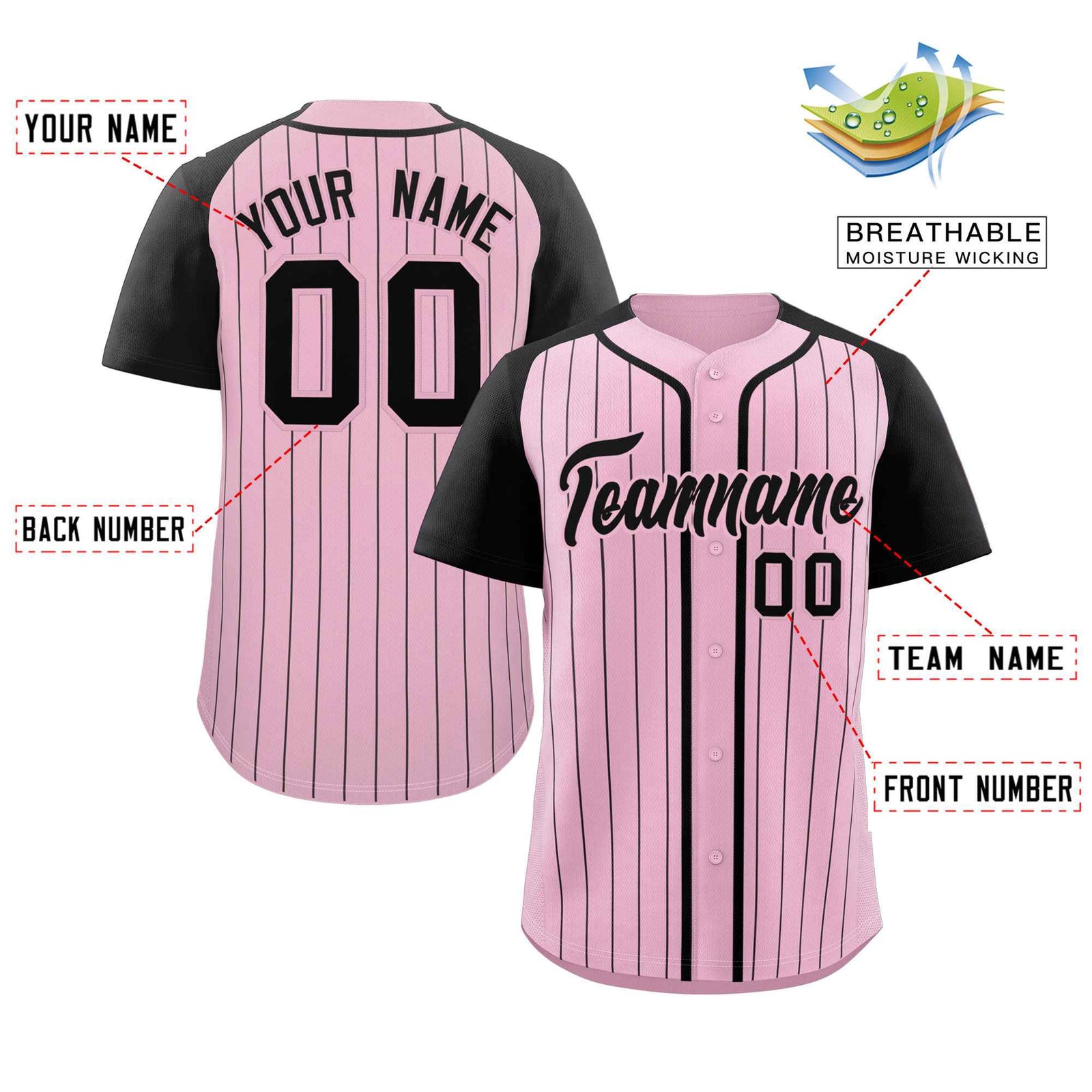 Custom Pink Black Stripe Fashion Raglan Sleeves Authentic Baseball Jersey