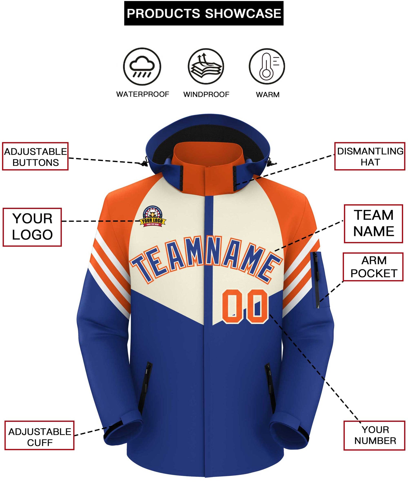 Custom Cream Royal-Orange Color Block Personalized Outdoor Hooded Waterproof Jacket