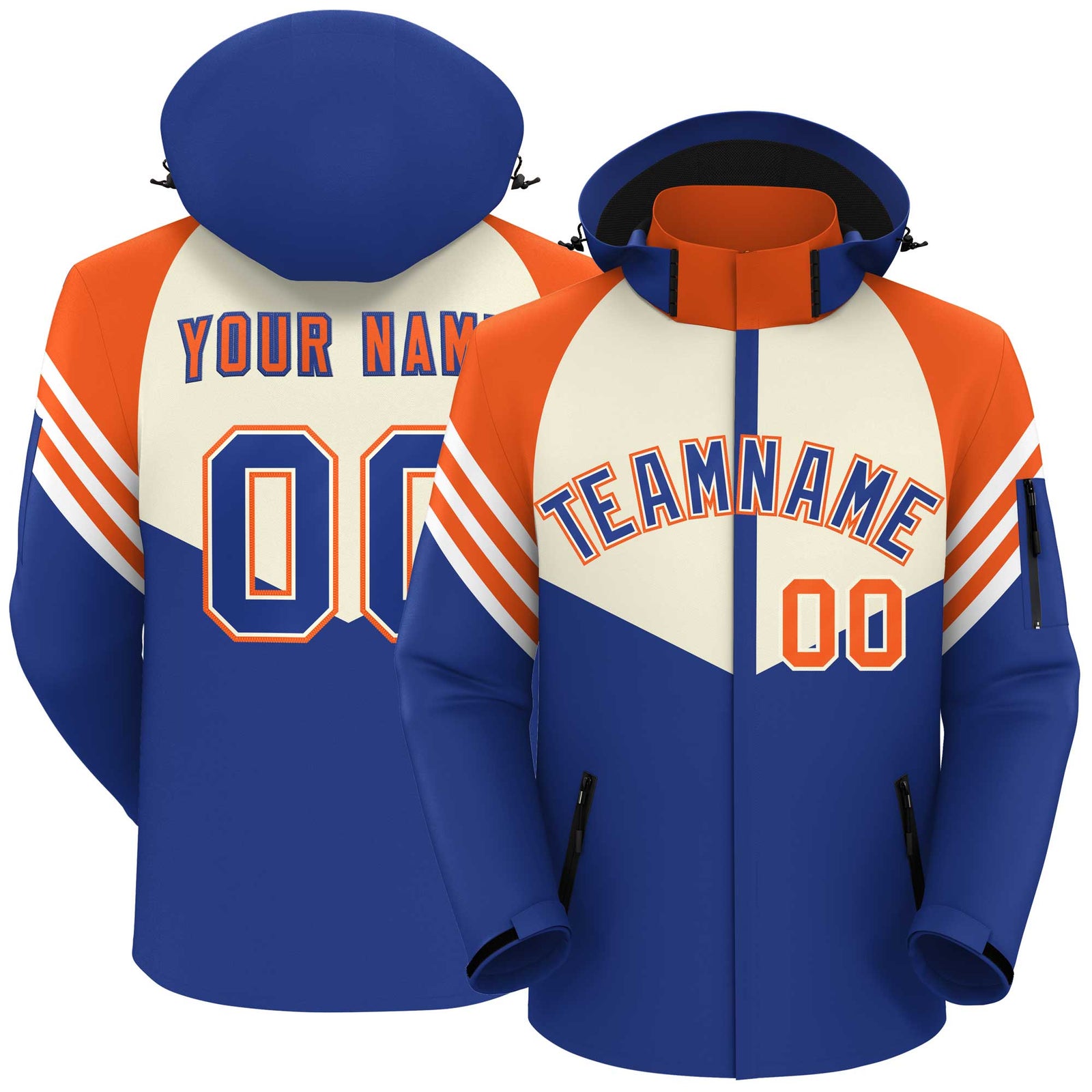 Custom Cream Royal-Orange Color Block Personalized Outdoor Hooded Waterproof Jacket