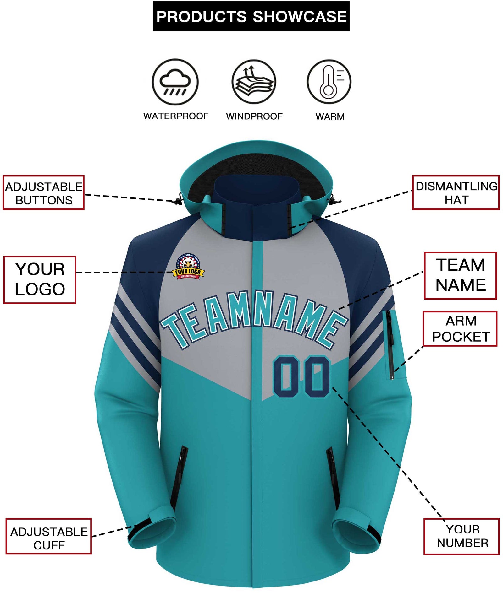 Custom Gray Aqua-Navy Color Block Personalized Outdoor Hooded Waterproof Jacket