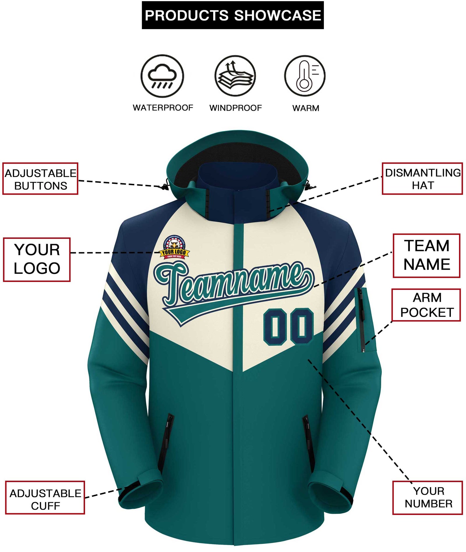 Custom Cream Aqua-Navy Color Block Personalized Outdoor Hooded Waterproof Jacket