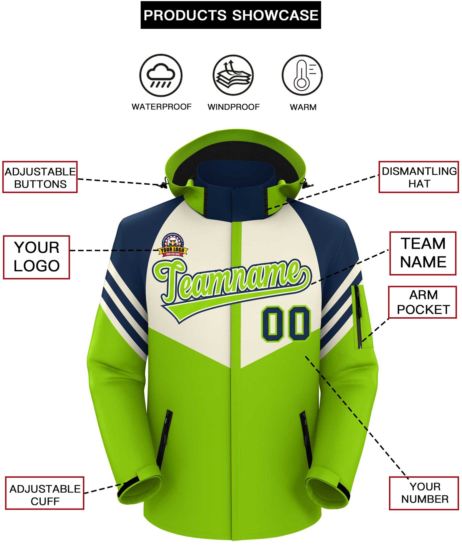 Custom Cream Neon Green-Navy Color Block Personalized Outdoor Hooded Waterproof Jacket