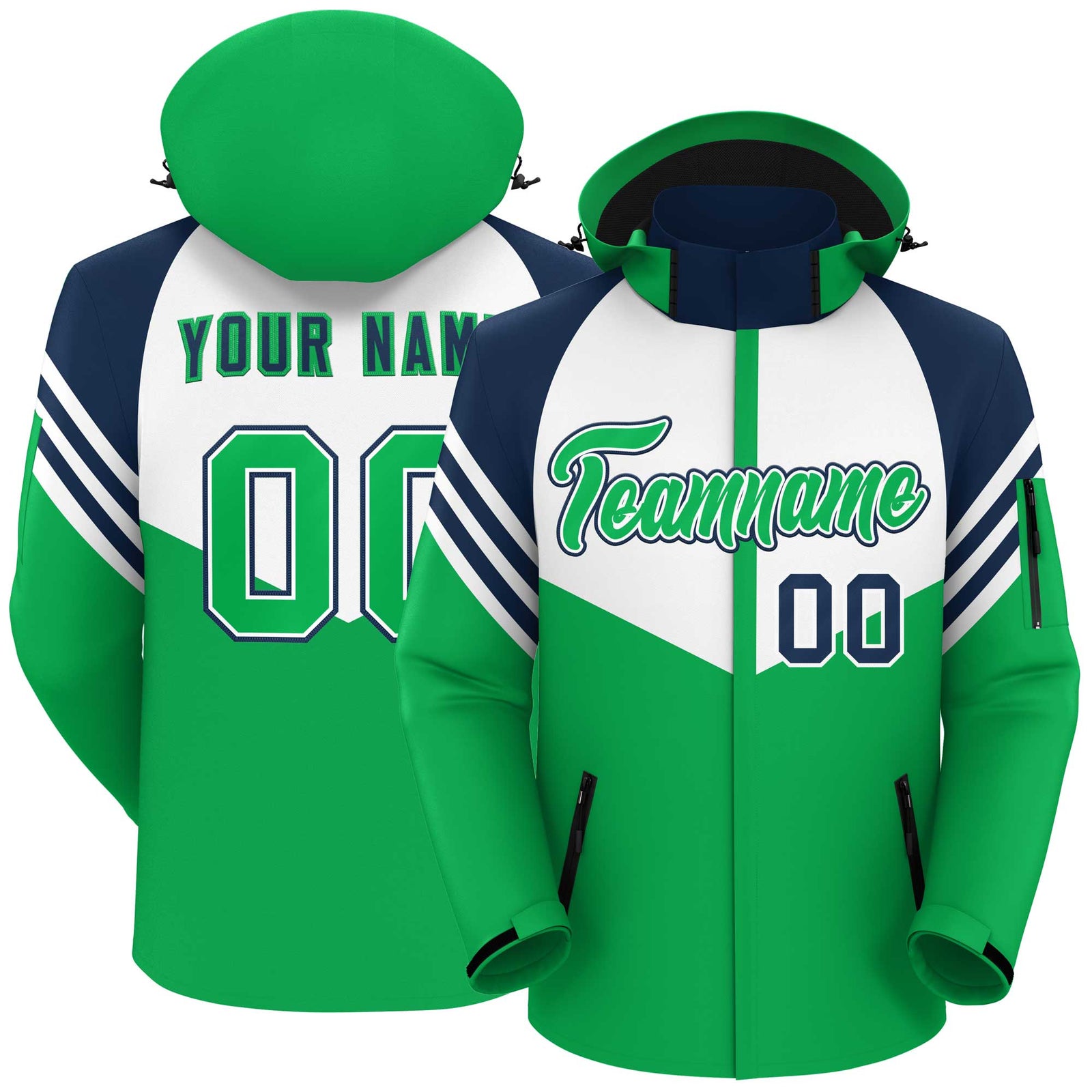 Custom White Kelly Green-Navy Color Block Personalized Outdoor Hooded Waterproof Jacket