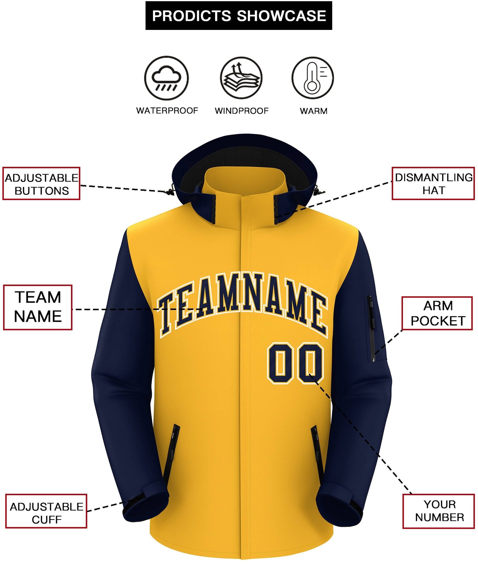 Custom Gold Navy-White Raglan Sleeves Waterproof Jacket