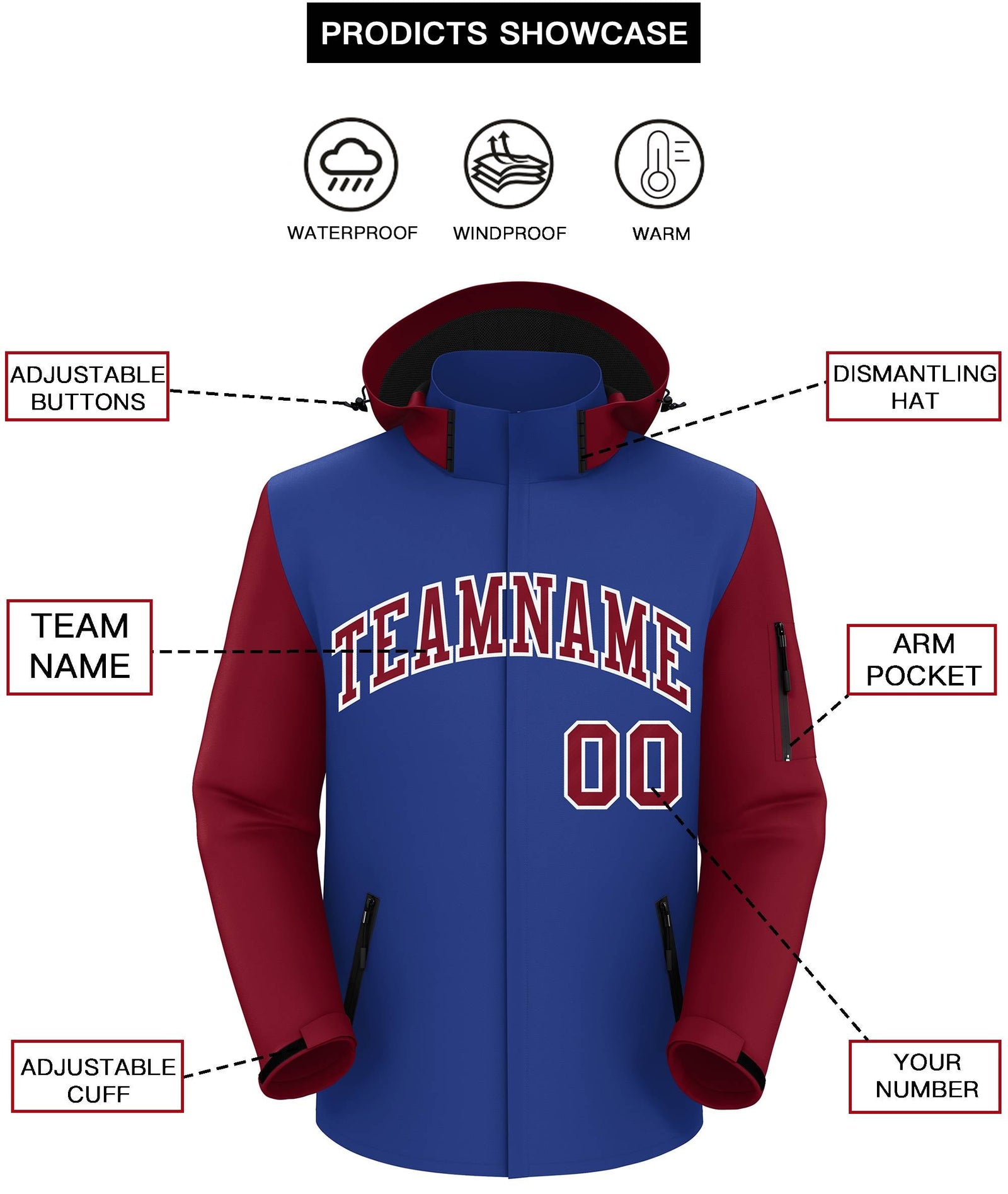 Custom Royal Crimson-White Raglan Sleeves Waterproof Jacket