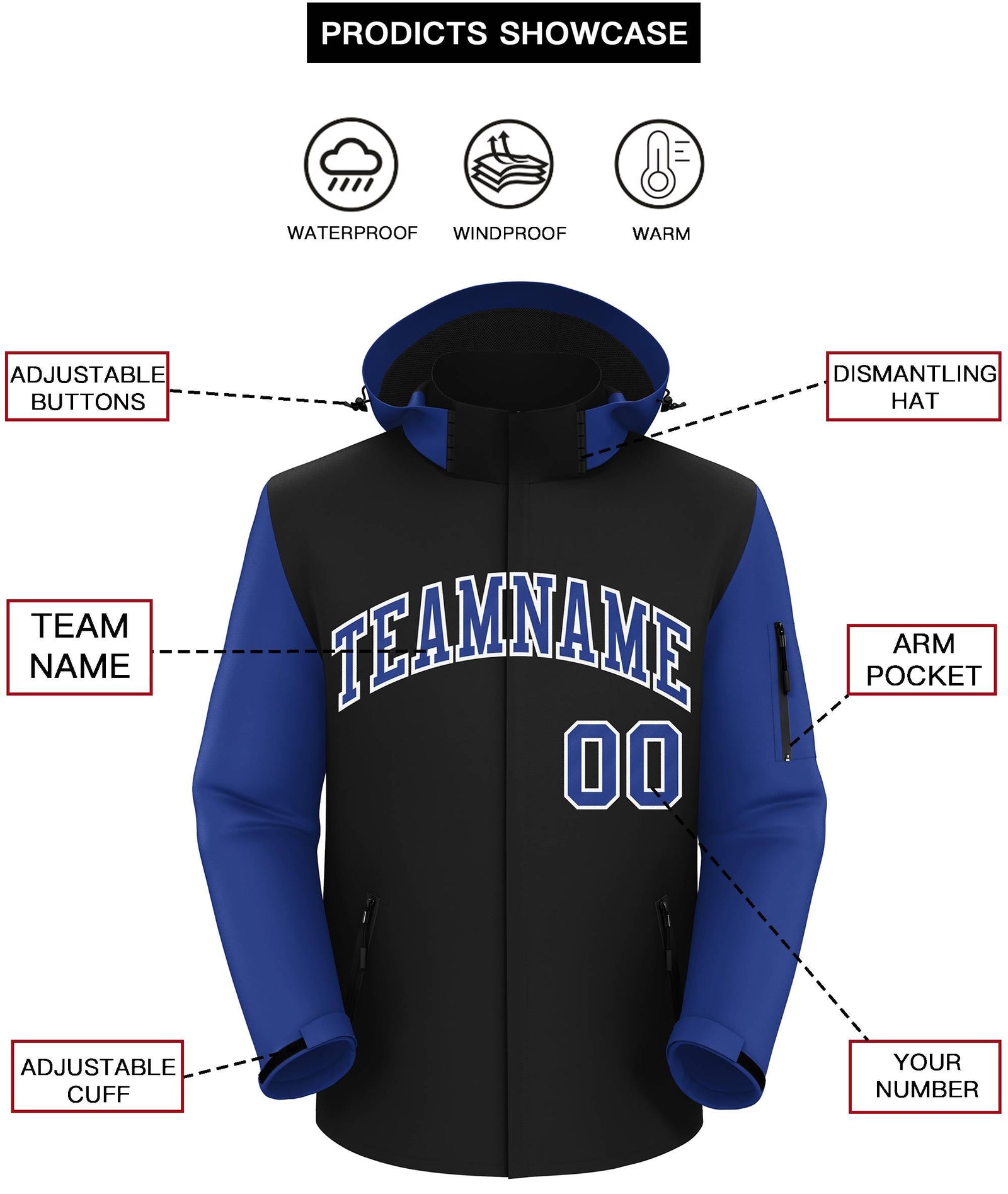 Custom Black Royal-White Raglan Sleeves Waterproof Jacket