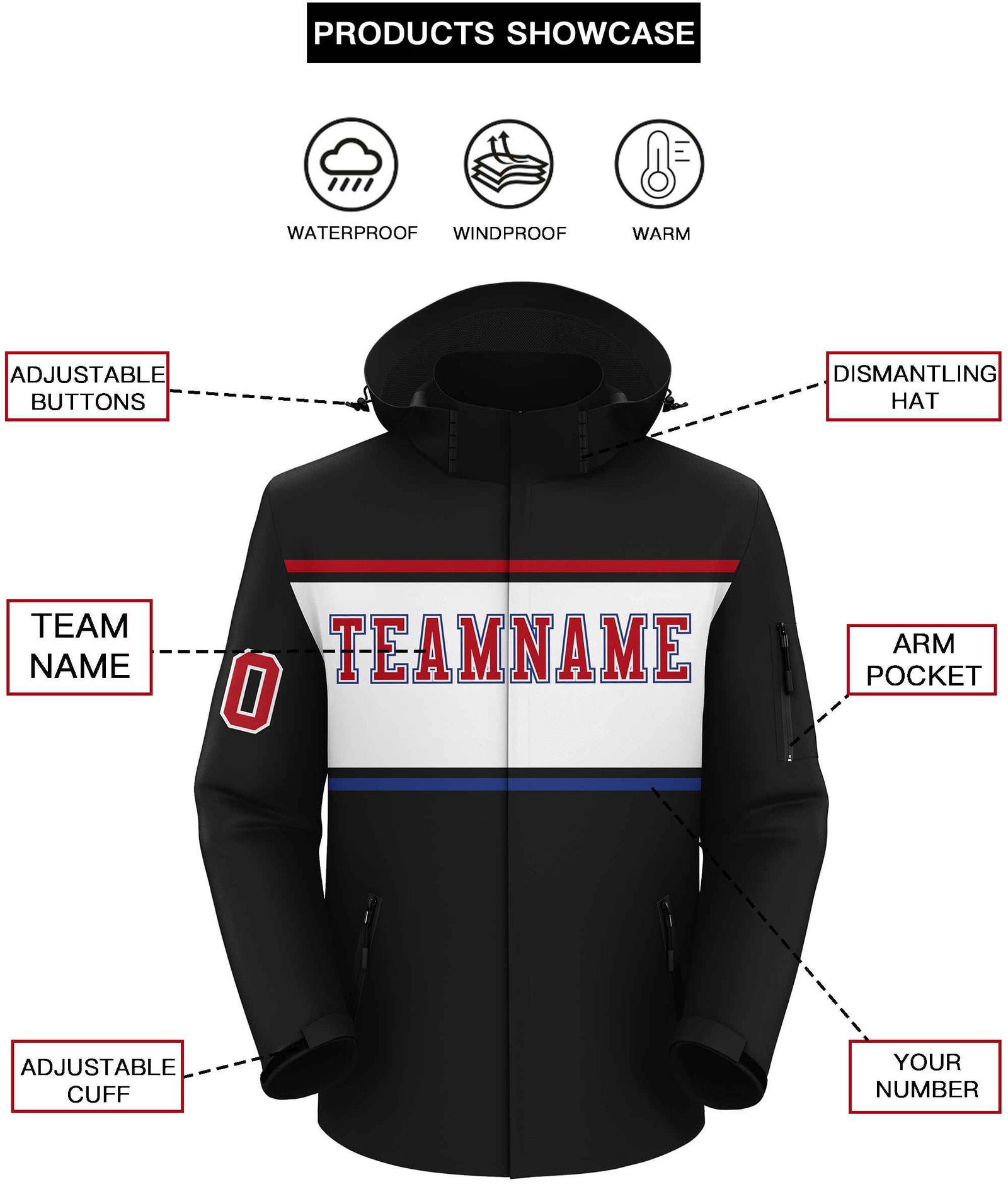 Custom Black Red-White Color Block Personalized Outdoor Hooded Waterproof Jacket