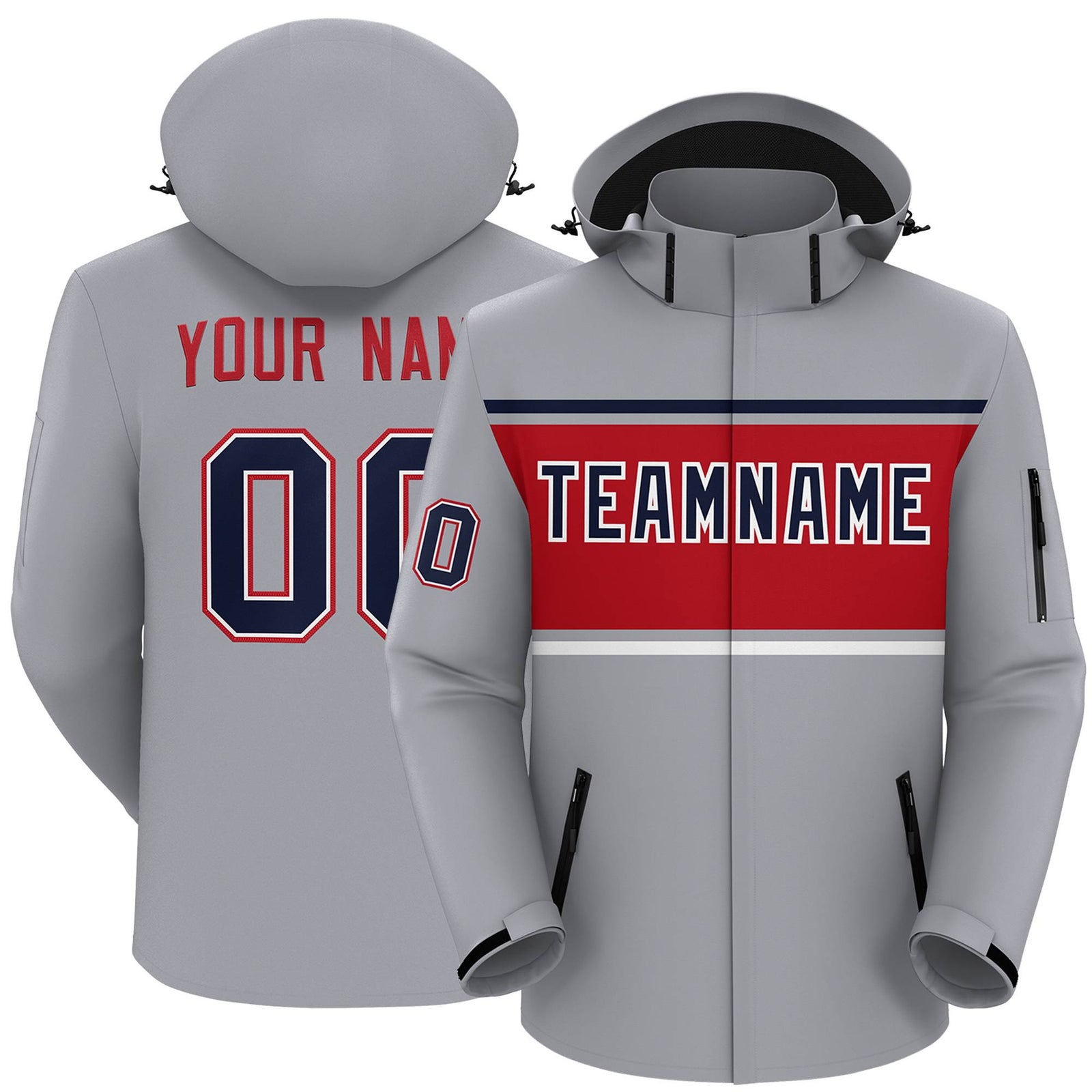 Custom Gray Navy-Red Color Block Personalized Outdoor Hooded Waterproof Jacket