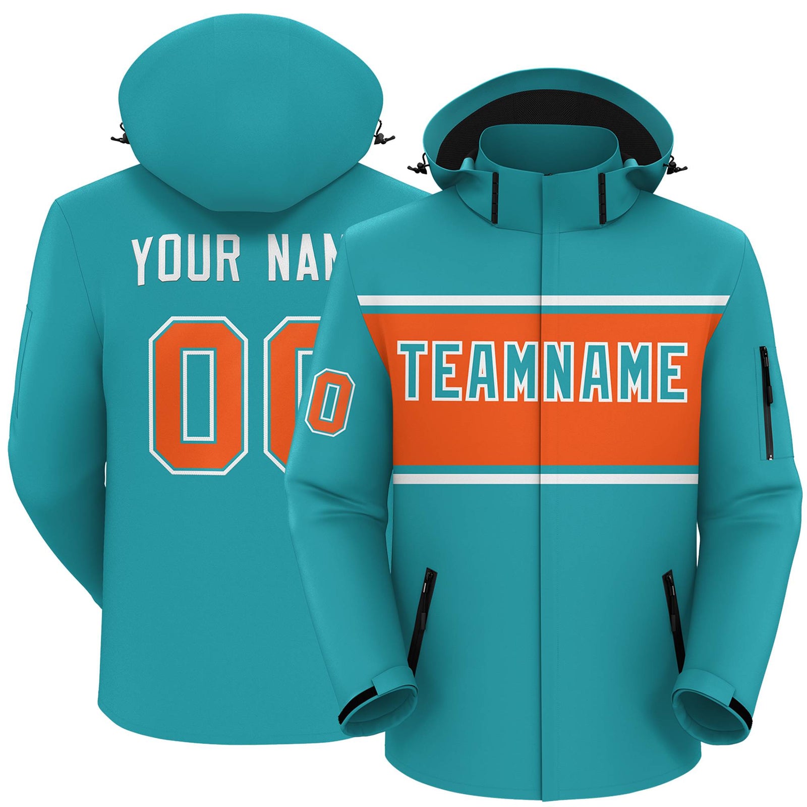 Custom Aqua White-Orange Color Block Personalized Outdoor Hooded Waterproof Jacket