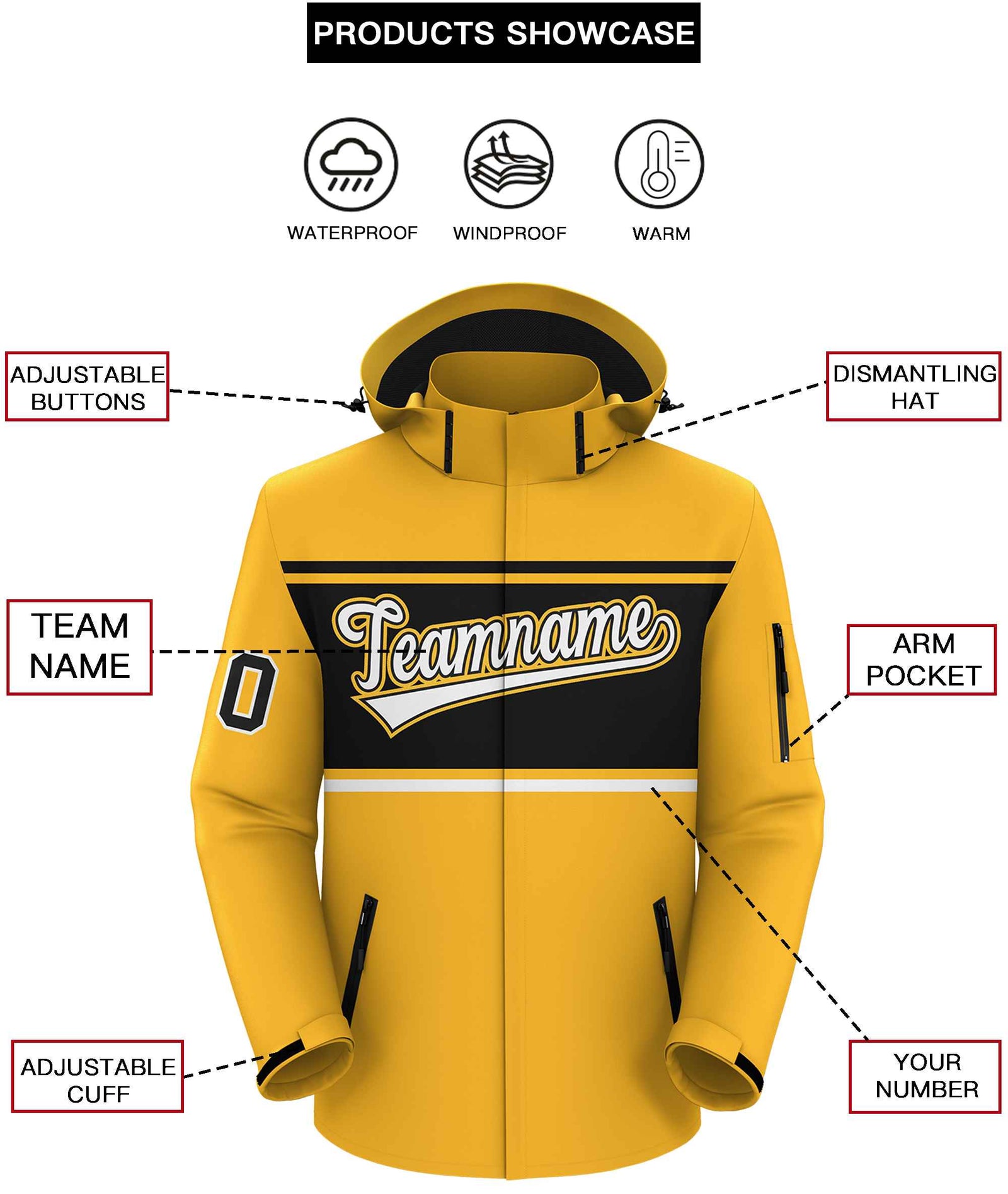 Custom Gold Black-White Color Block Personalized Outdoor Hooded Waterproof Jacket