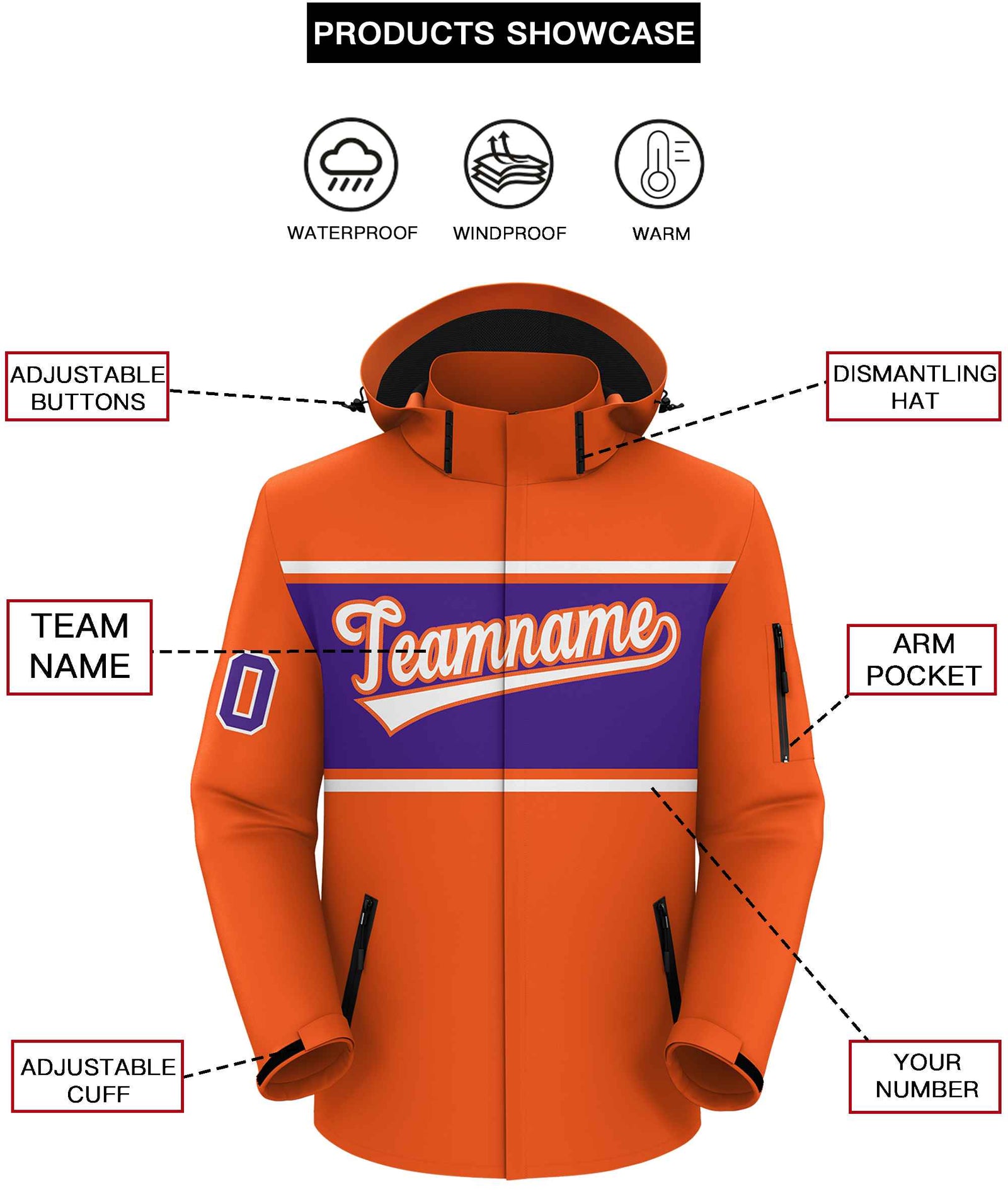 Custom Orange White-Purple Color Block Personalized Outdoor Hooded Waterproof Jacket