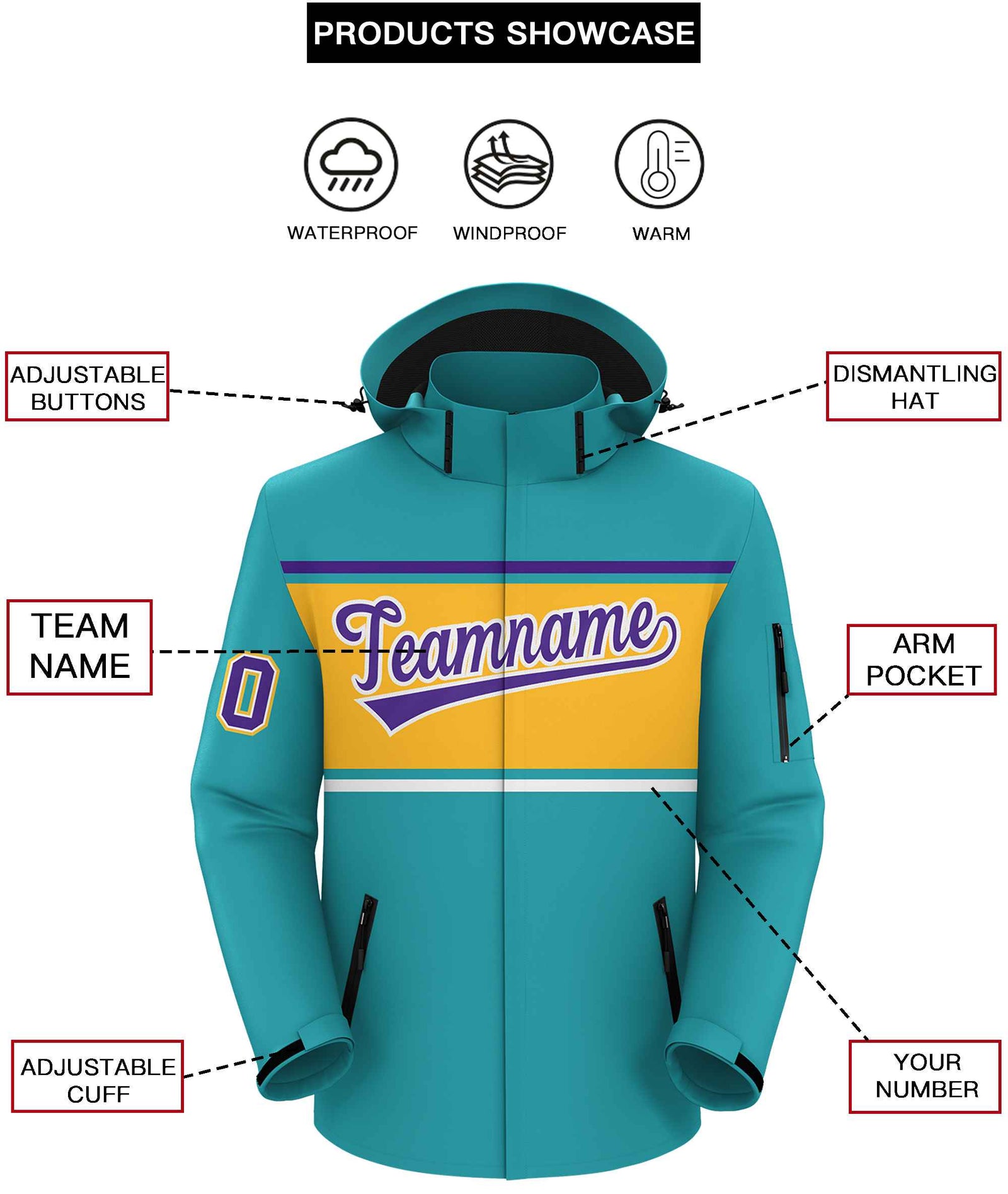 Custom Aqua Purple-Gold Color Block Personalized Outdoor Hooded Waterproof Jacket