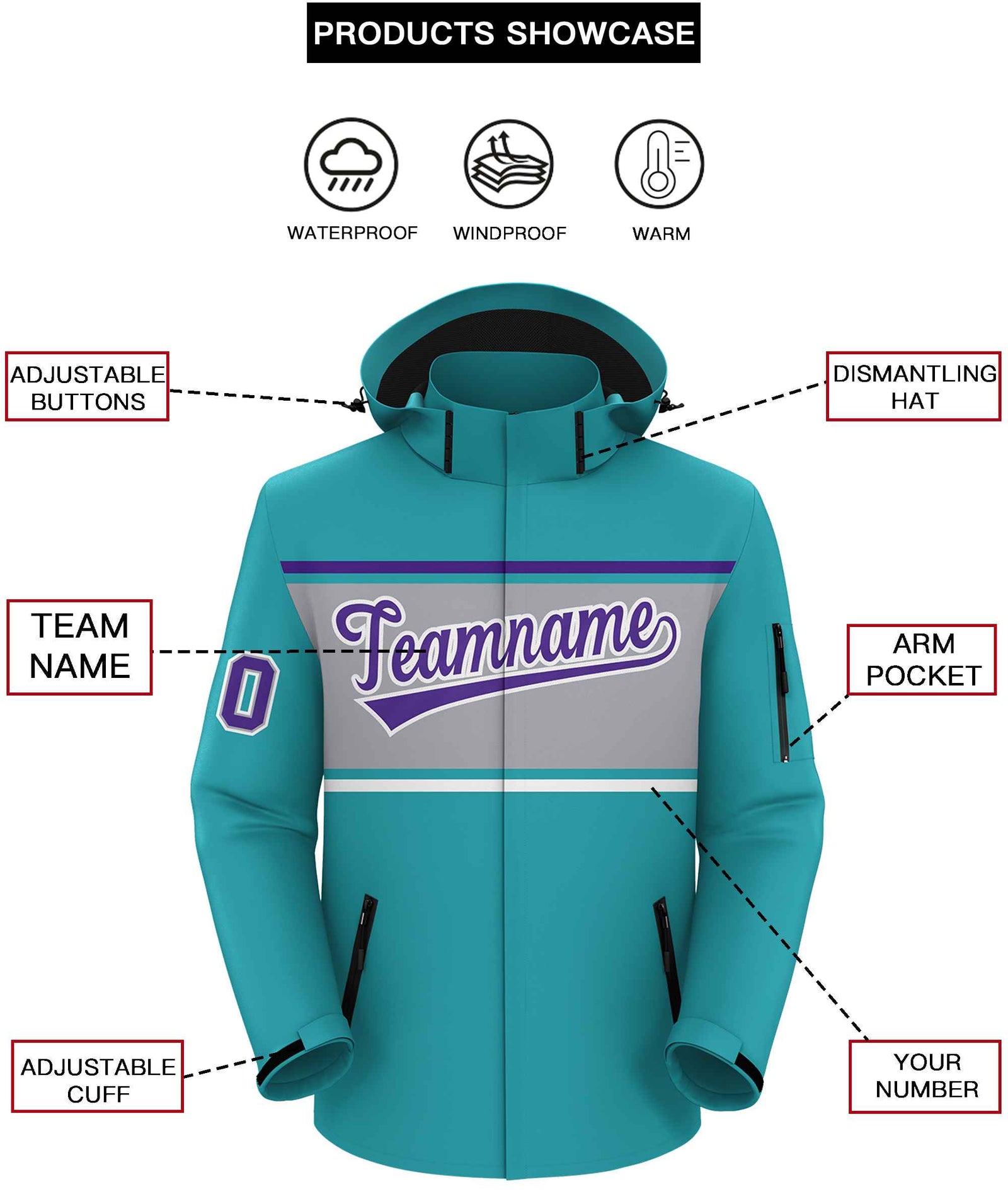 Custom Aqua Purple-Gray Color Block Personalized Outdoor Hooded Waterproof Jacket